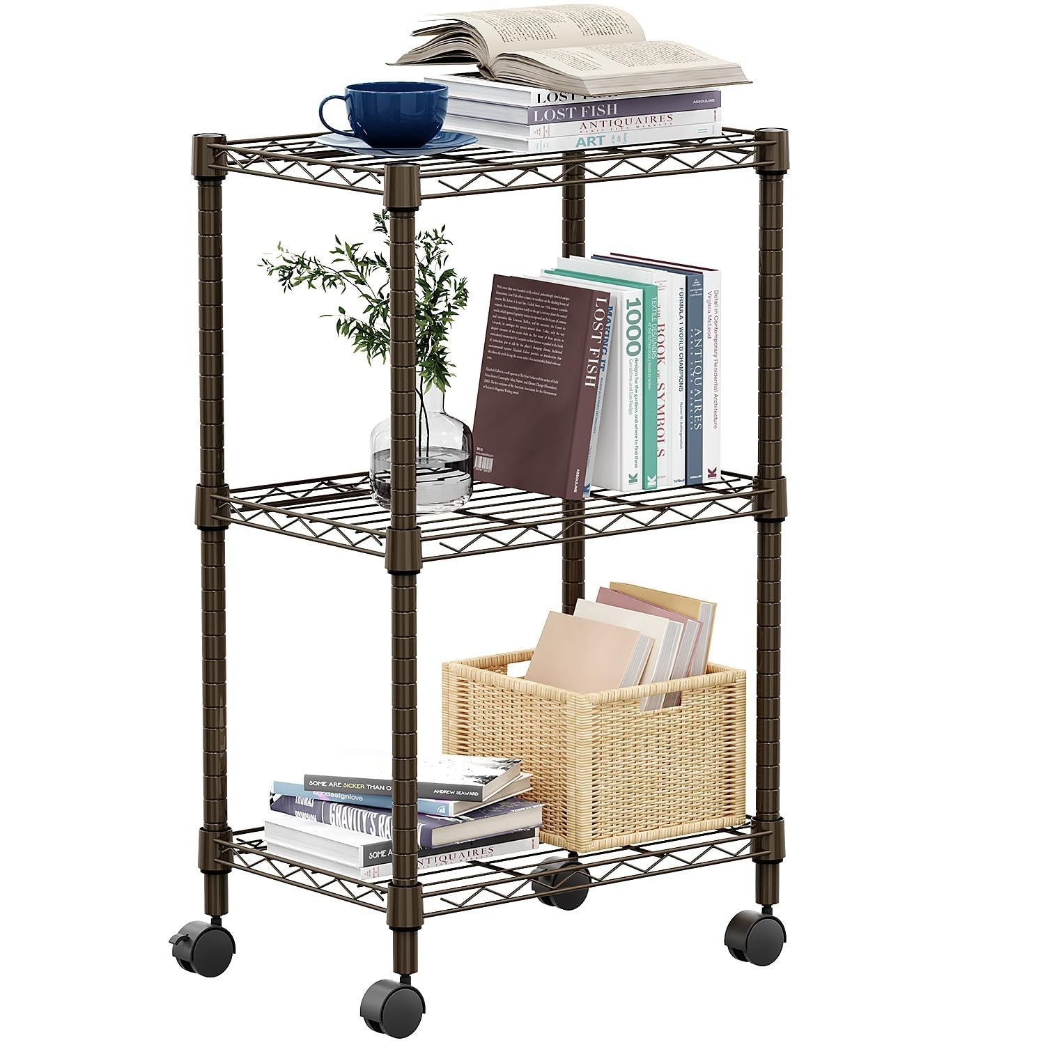 M MZG 3 Tier Shelf Metal Storage 3 tier, 11.8″ D x 17.7″ W x 29.8″ H, Brown