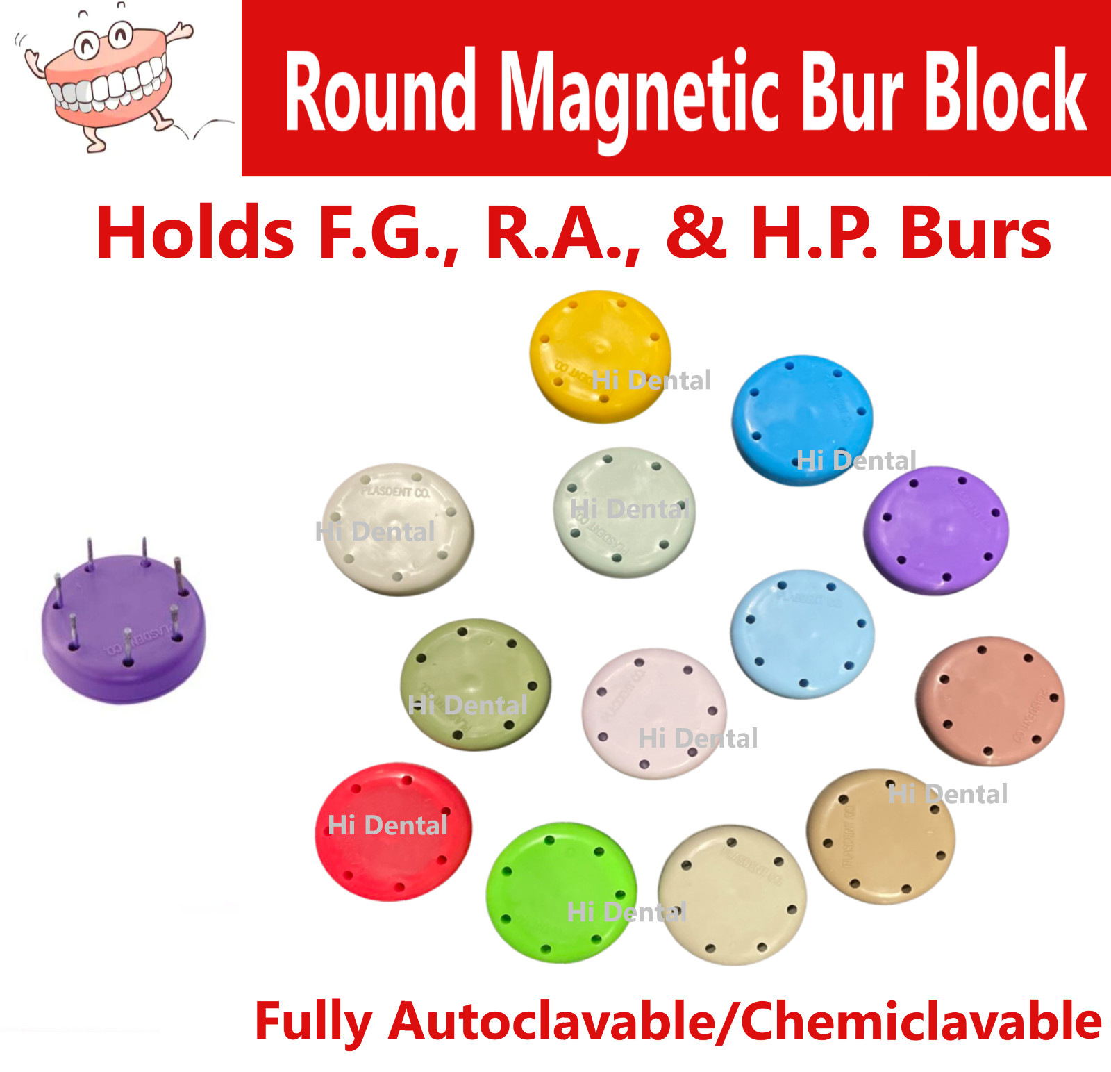 Magnetic Round Dental Lab Bur Block Holder Station For FG & RA, Rubber – 7 Hole