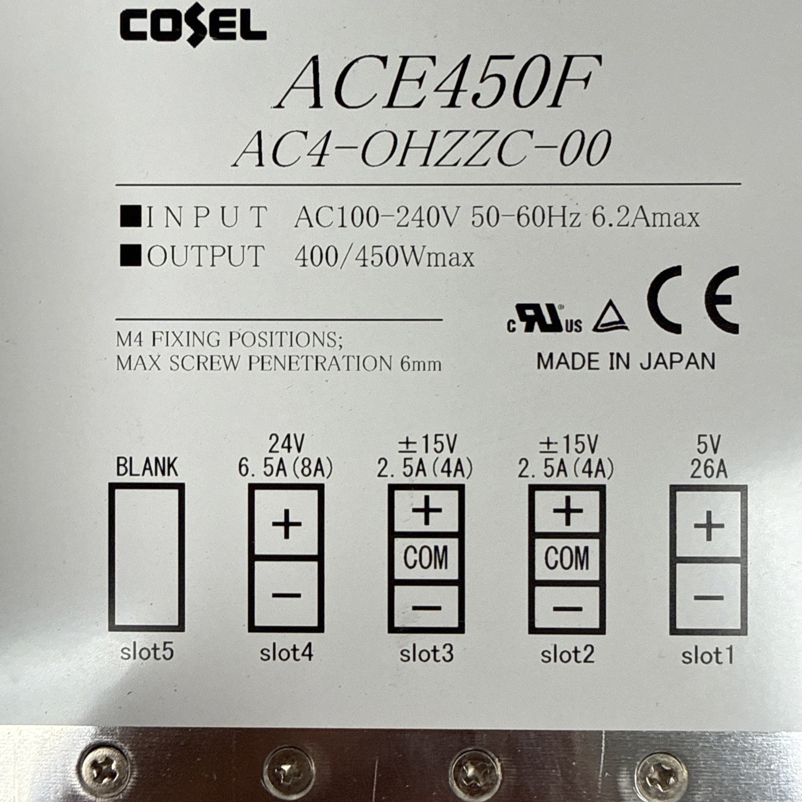 COSEL ACE450F Power Supply, AC100-240V, 50-60HZ, 6.2A MAX,400/450W MAX Pictures