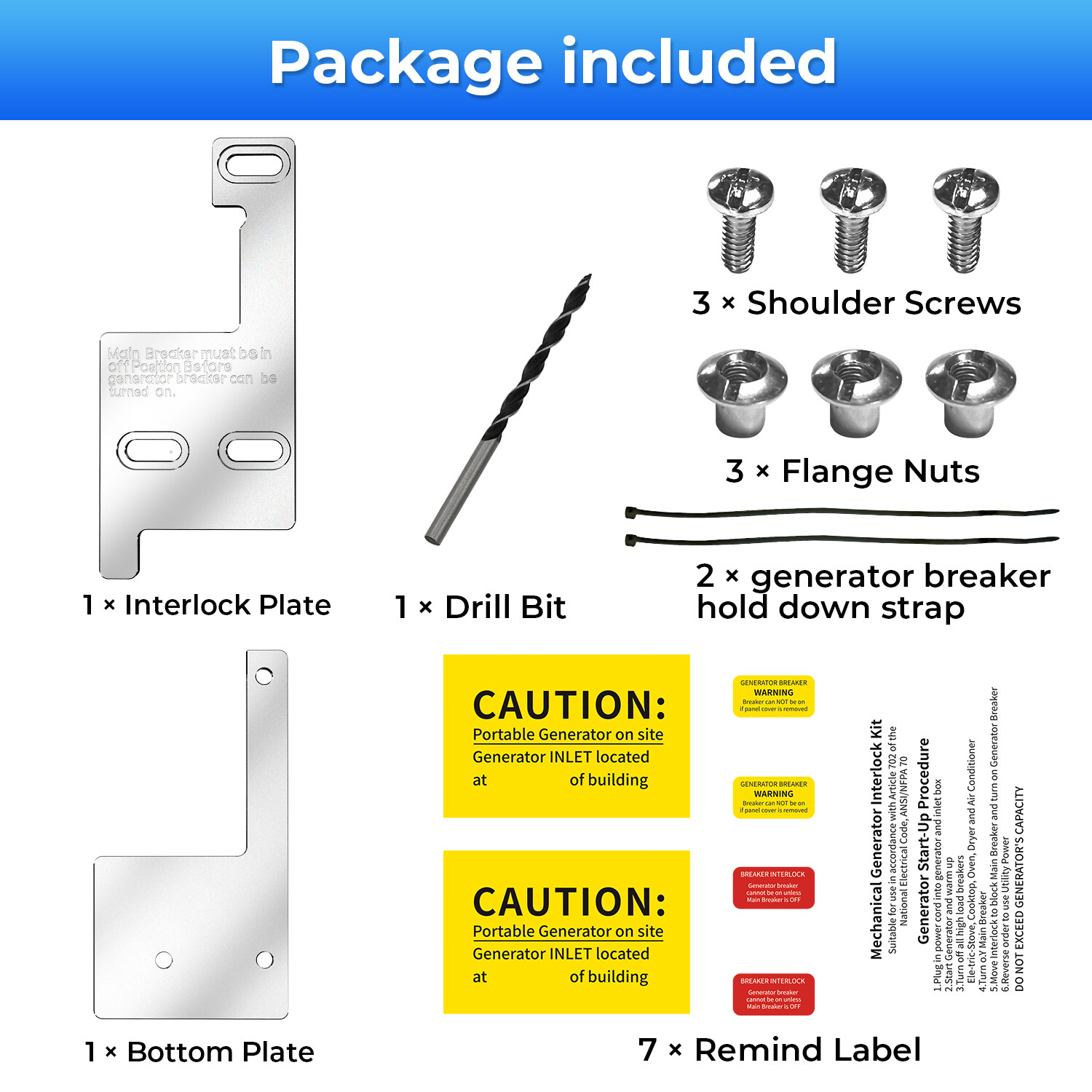 Generator Interlock Kit For GE Siemens ITE Murry 150 or 200 Amp Main Panel