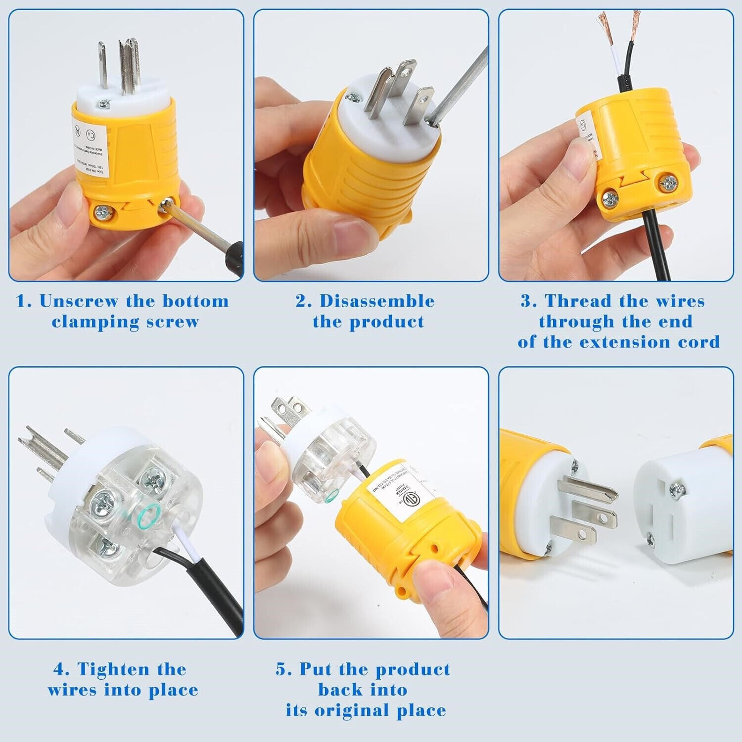 Male & Female Extension Cord End Plugs 15Amp 125V Electrical Connectors 3 Wires