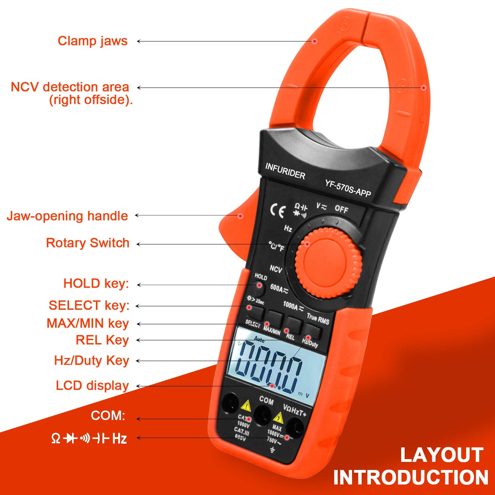 Digital AC/DC Volt Amp Clamp Meter,Wireless Bluetooth Auto Ranging 1000A Ammeter