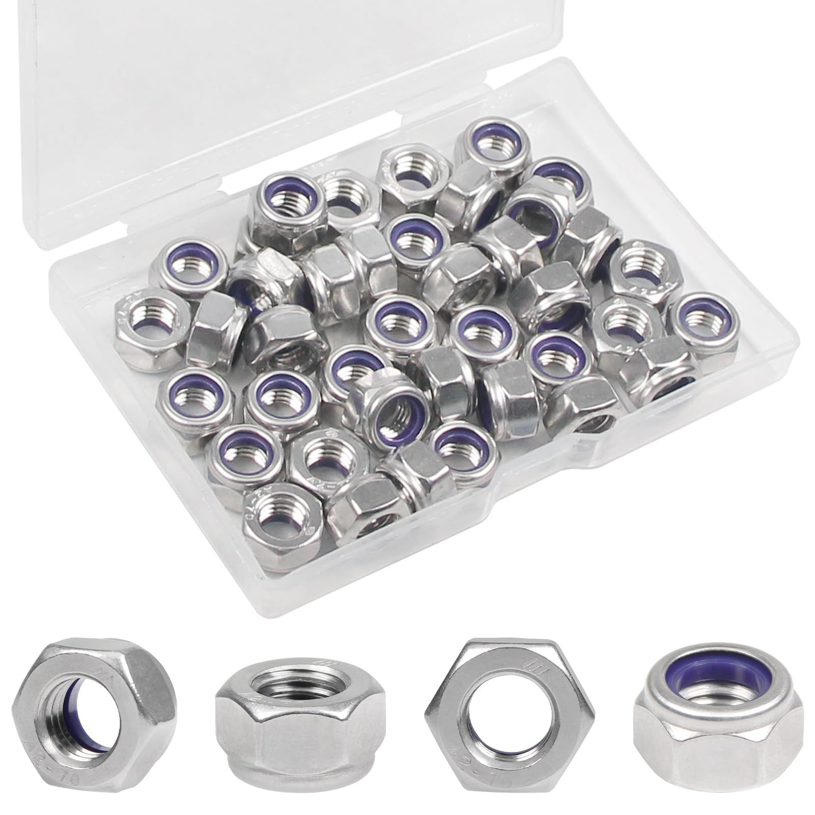 40PCS M8 Locknuts M8x1.25mm Nylon Insert Hex Lock Nuts 304 Stainless Steel Me…