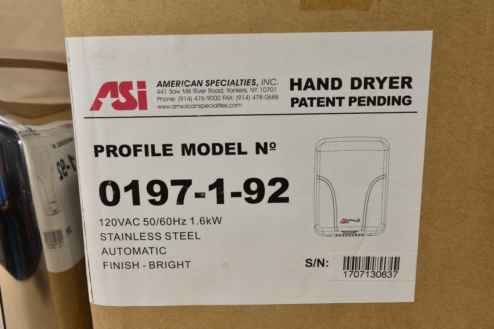Hand Dryer ASI 0197-1-92 Automatic Hand Dryer, 110-120V, Stainless Steel, Bright