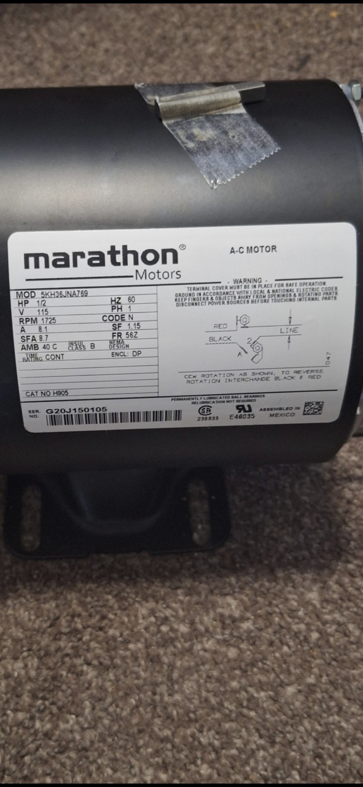Marathon Motor 1/2HP 115V 1725 RPM NEW