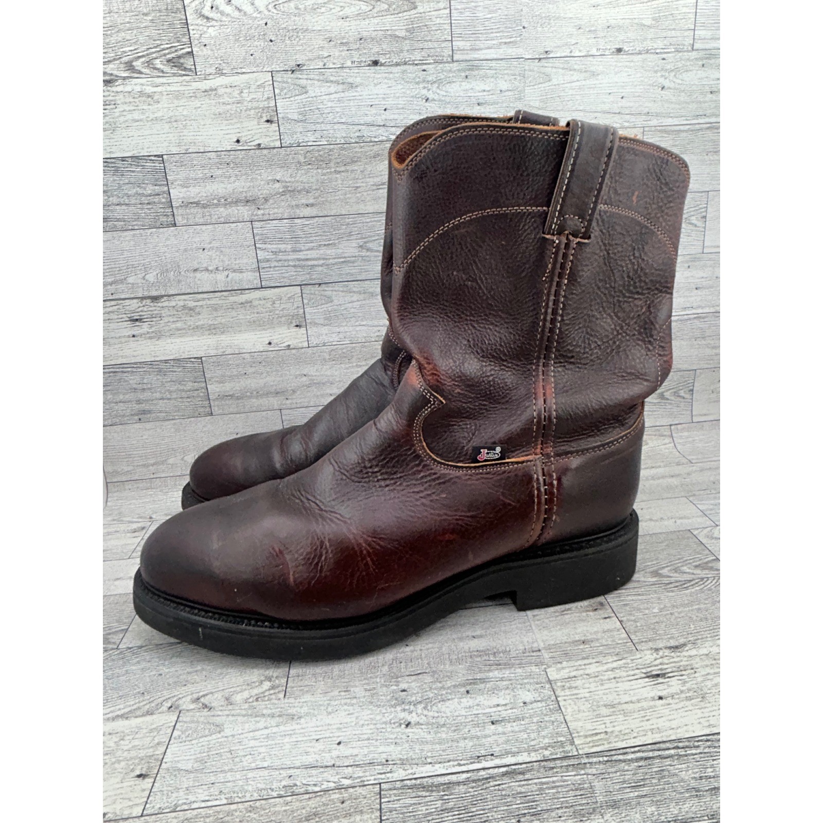 Justin Dark Brown Leather Work Boots Pull On Roper Round Toe Oil Resist Men 12D