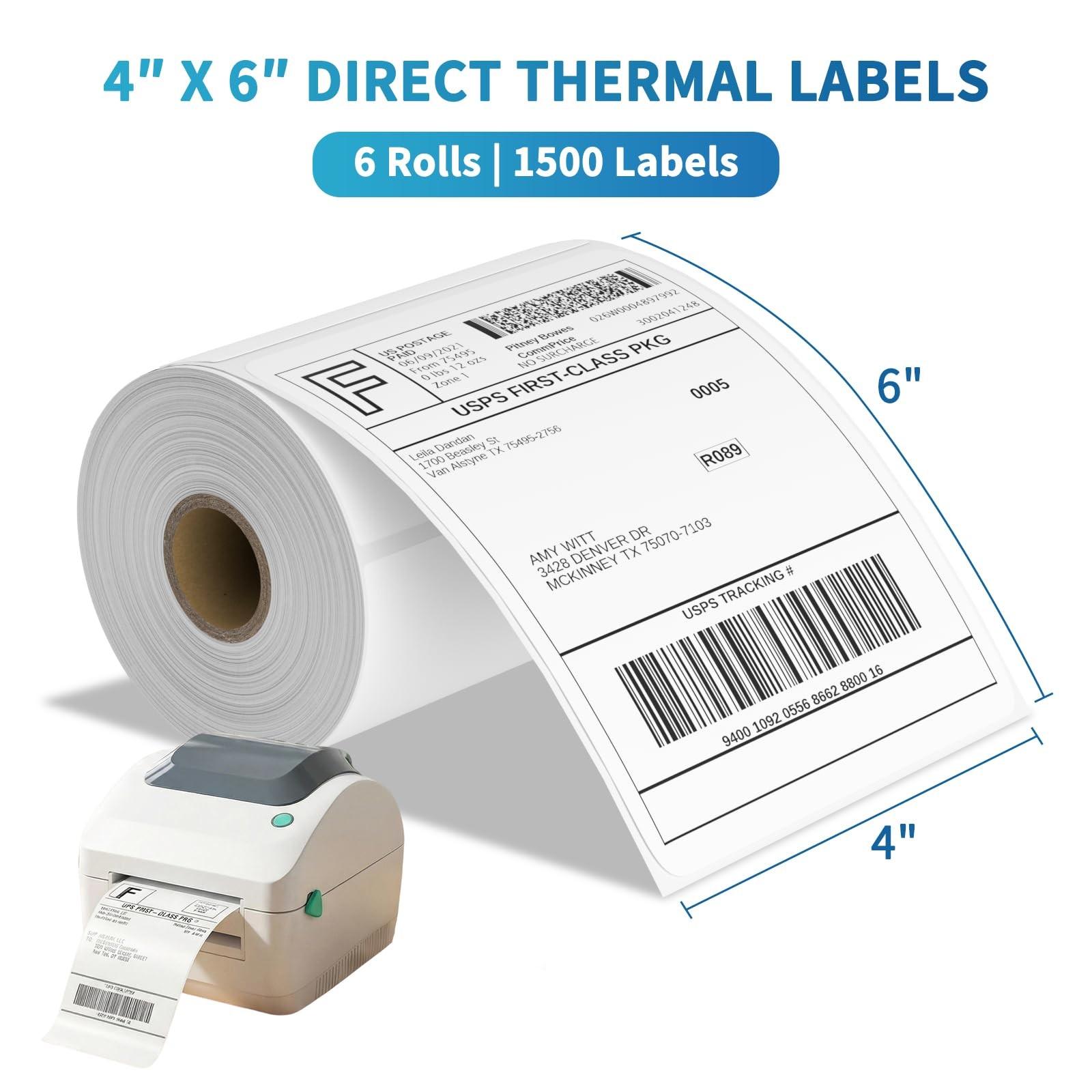 4X6 Blank Direct Thermal Shipping Labels, 250 Labels per Roll, 6 Rolls, 1500 Lab