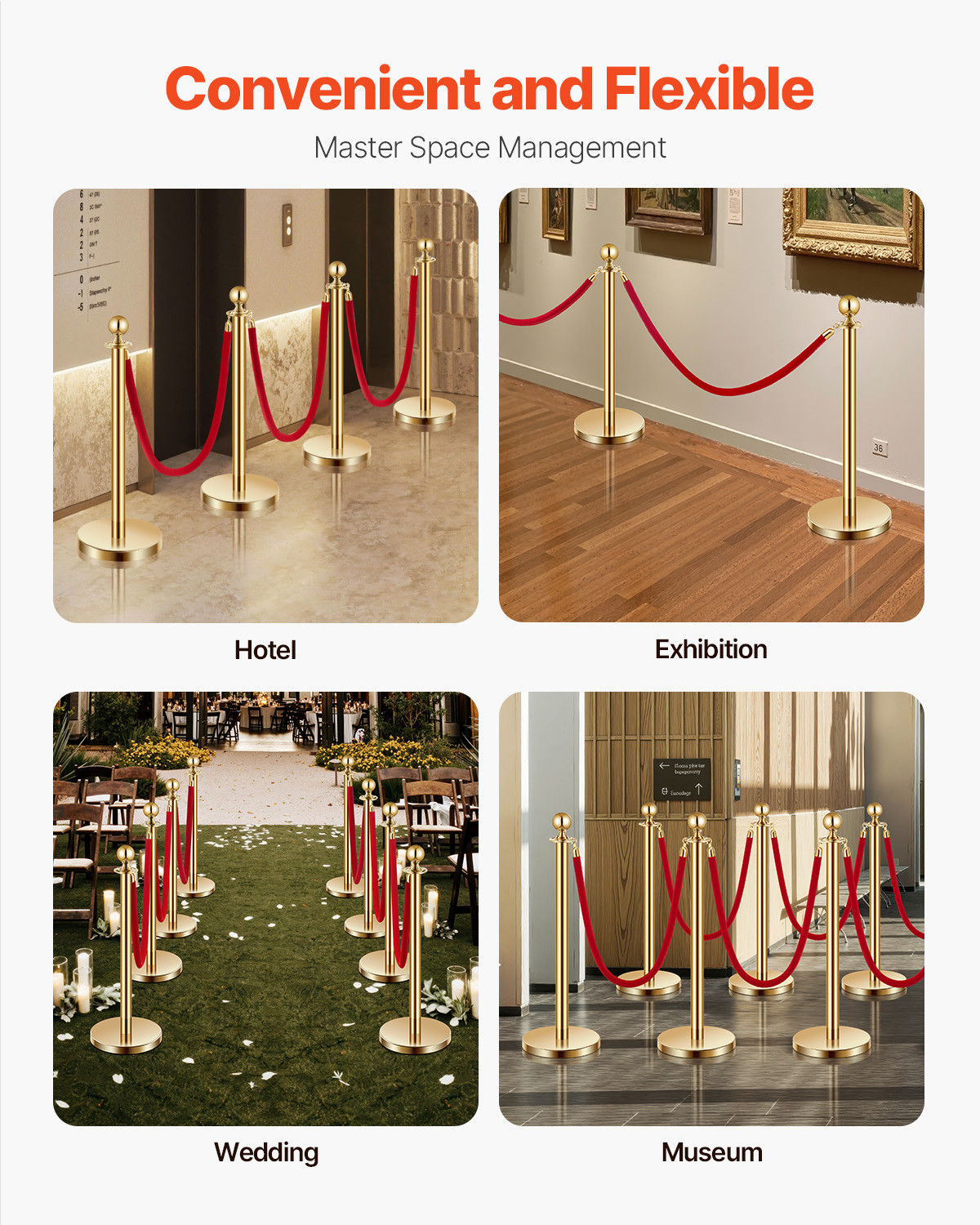 4-8 Pcs Gold Stanchion Post 2/3/4/6 Ropes/Belts Sand Injection Hollow Base