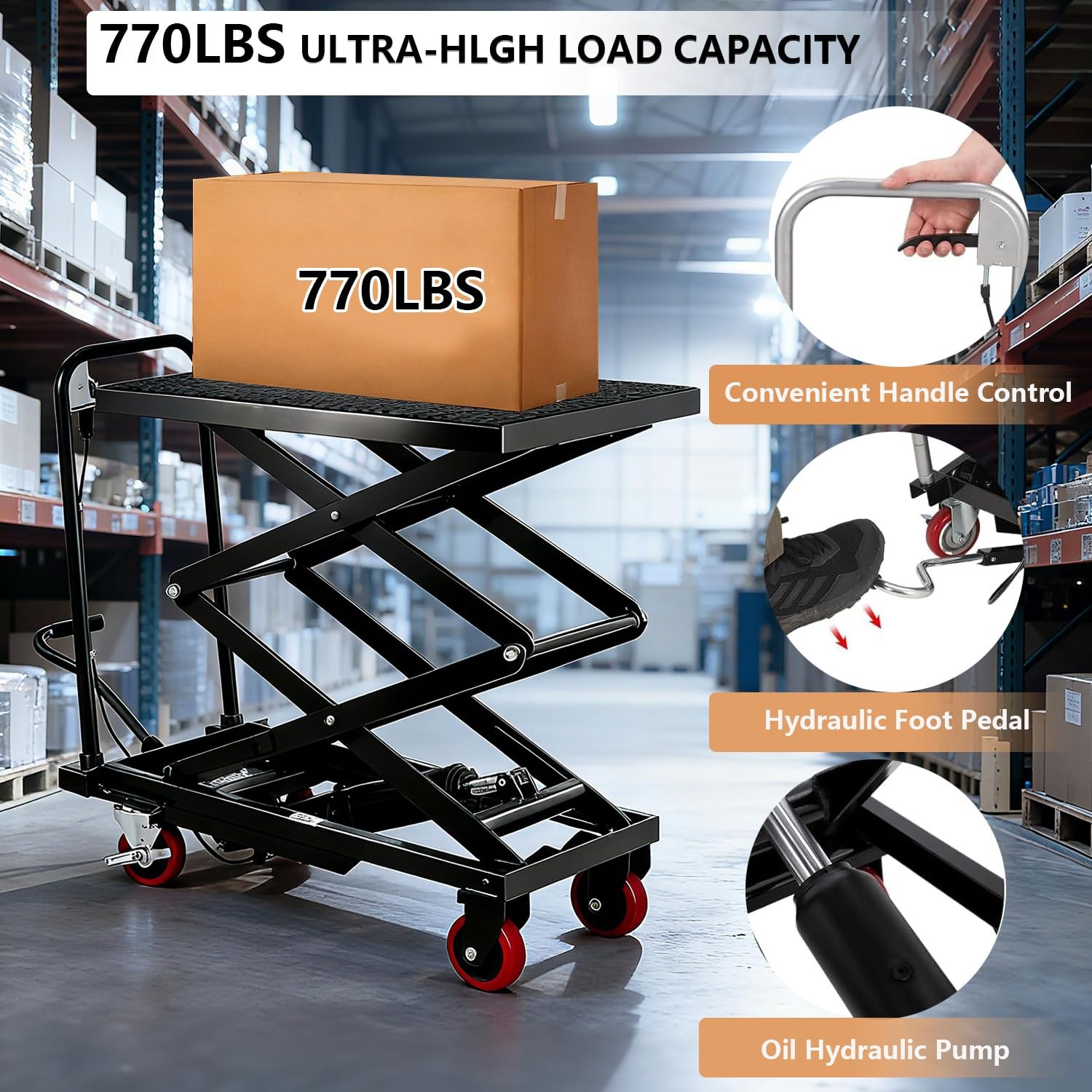 770Lbs Hydraulic Double Scissor Lift Table Cart 11-59″ Height Steel Wheels Black