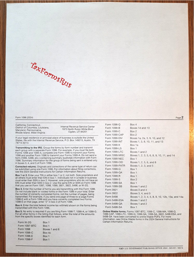 10-pack – 2024 Tax Form 1096 Annual Transmittals ONLY (for mailing 1099s to IRS)