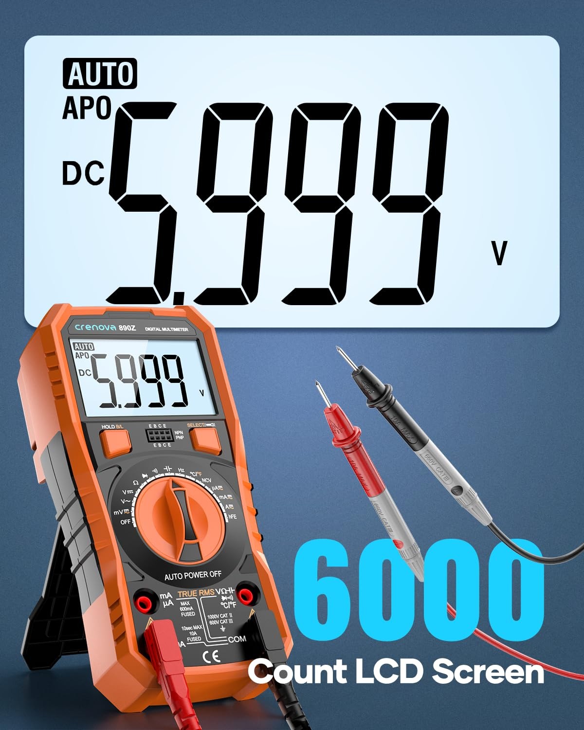 Digital Multimeter 6000 Count True RMS Auto Range NCV Temperature AC DC Tester