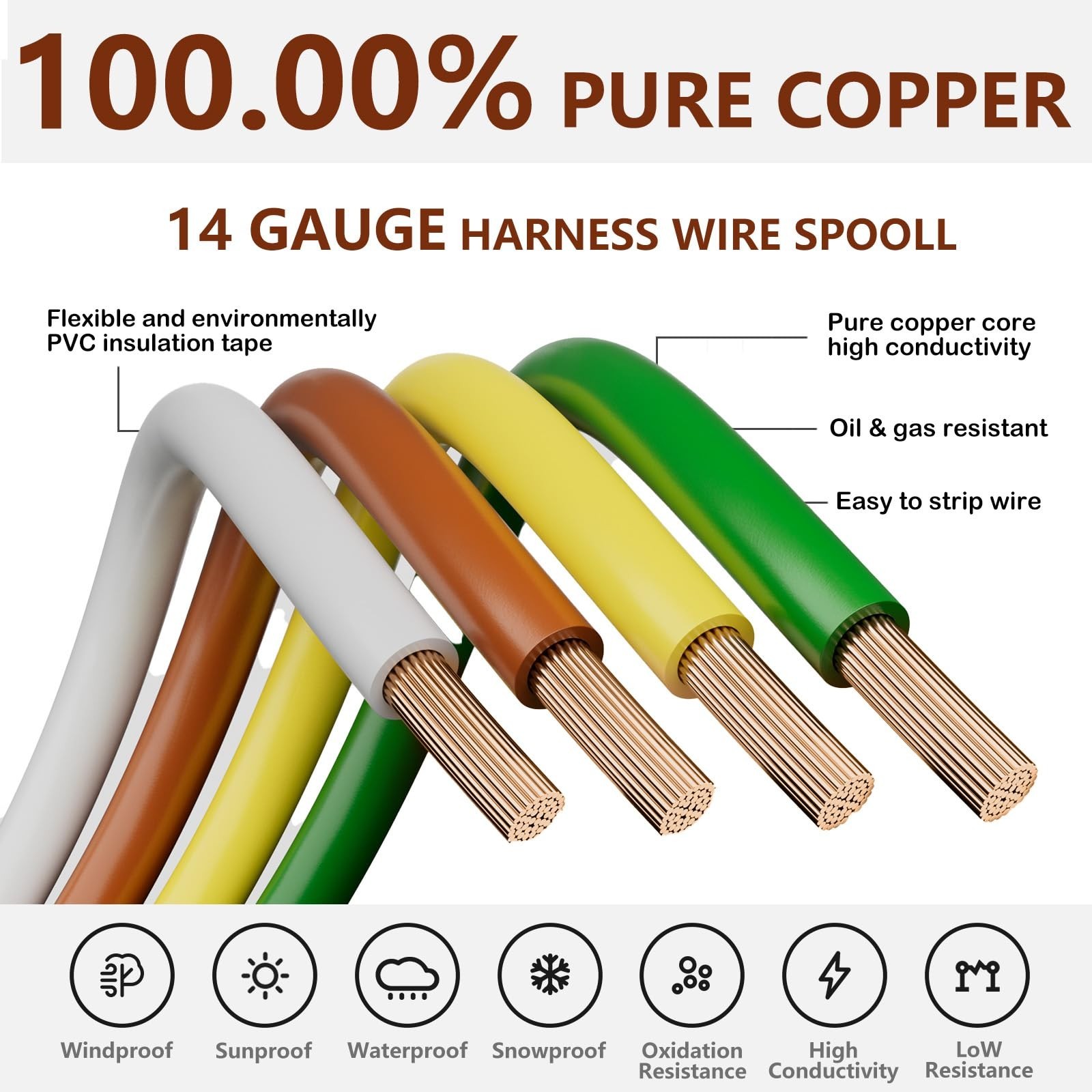 100.00% Pure Copper 100FT 4 Way Trailer Wiring Harness 14 Gauge Bon… Fast Ship