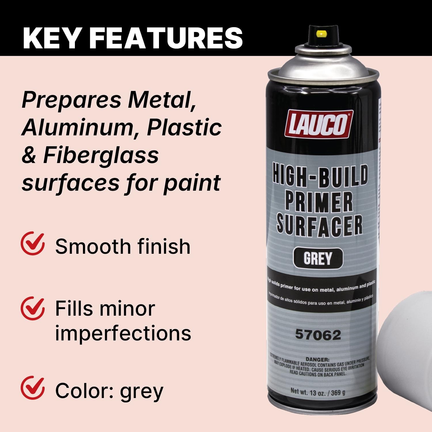 LAUCO Grey High-Build Primer Aerosol 13 oz, Heavy Fill Automotive Surfacer for
