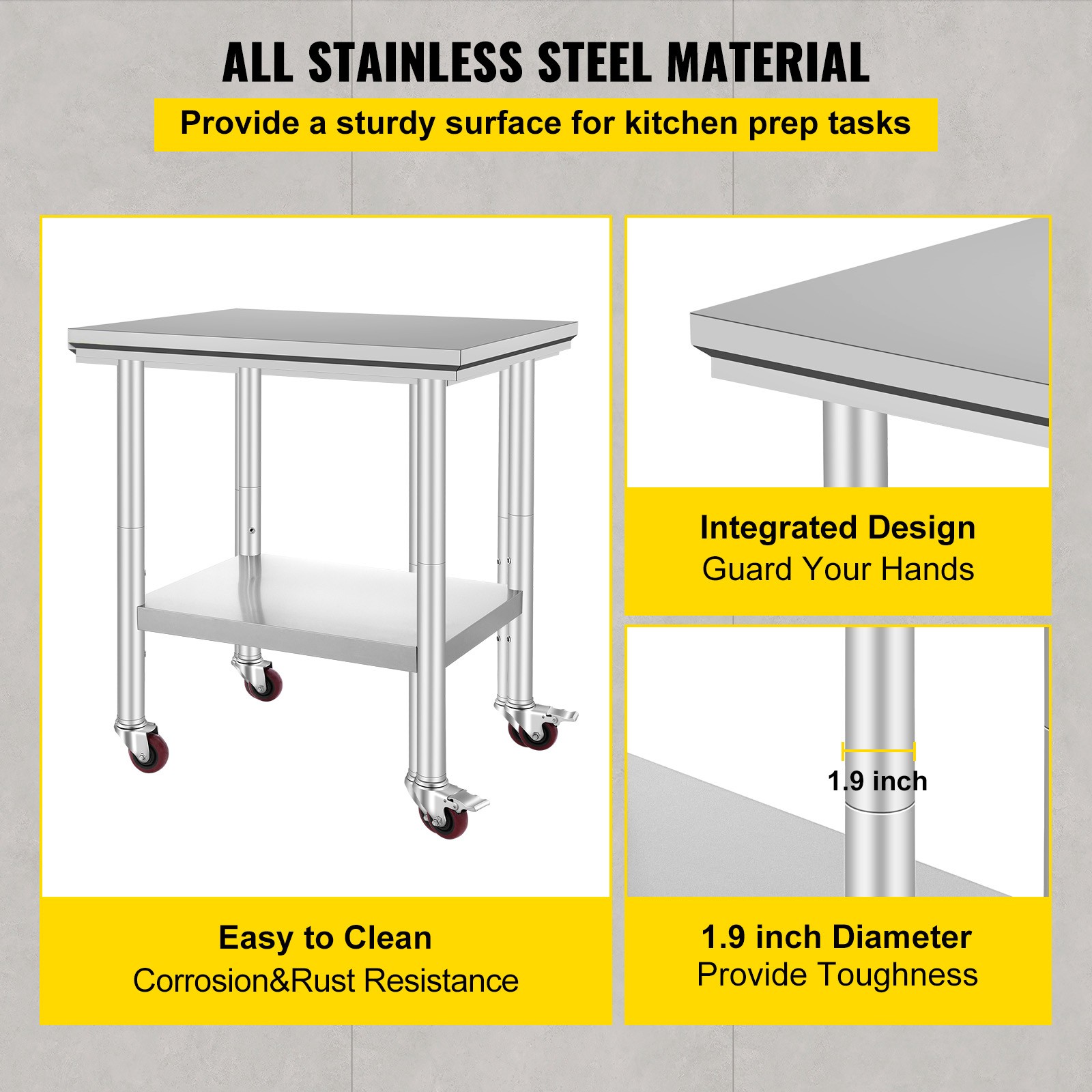 VEVOR Stainless Steel Work Table with Wheels 24×30 Inch Kitchen Food Prep Table