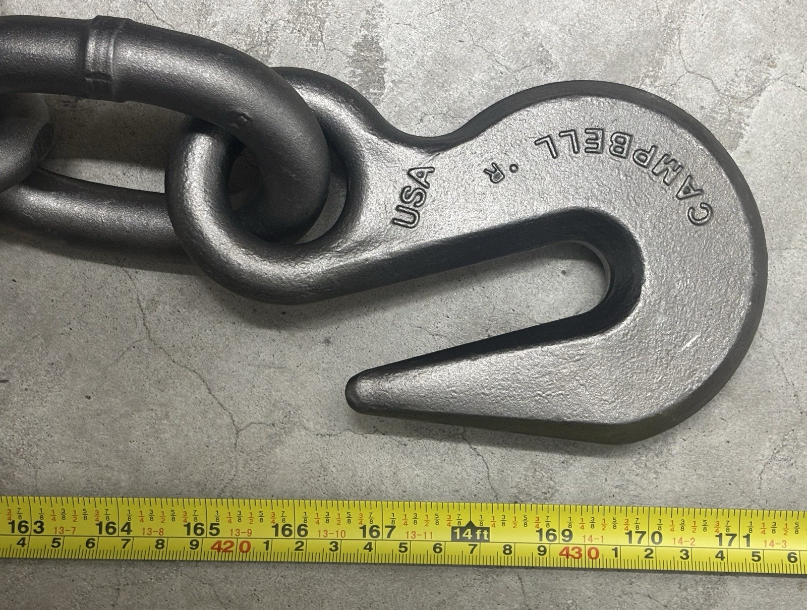 Campbell 5/8” G80 Welded Alloy Chain w/G100 5/8” Eye Hook – approx. 14’3” length