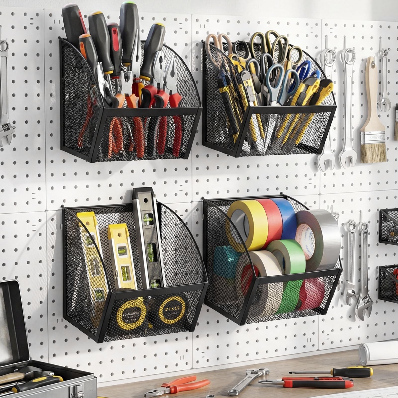 4 Pack Pegboard Baskets Metal Wire Storage Basket Hanging Wall Mount Bins Con…