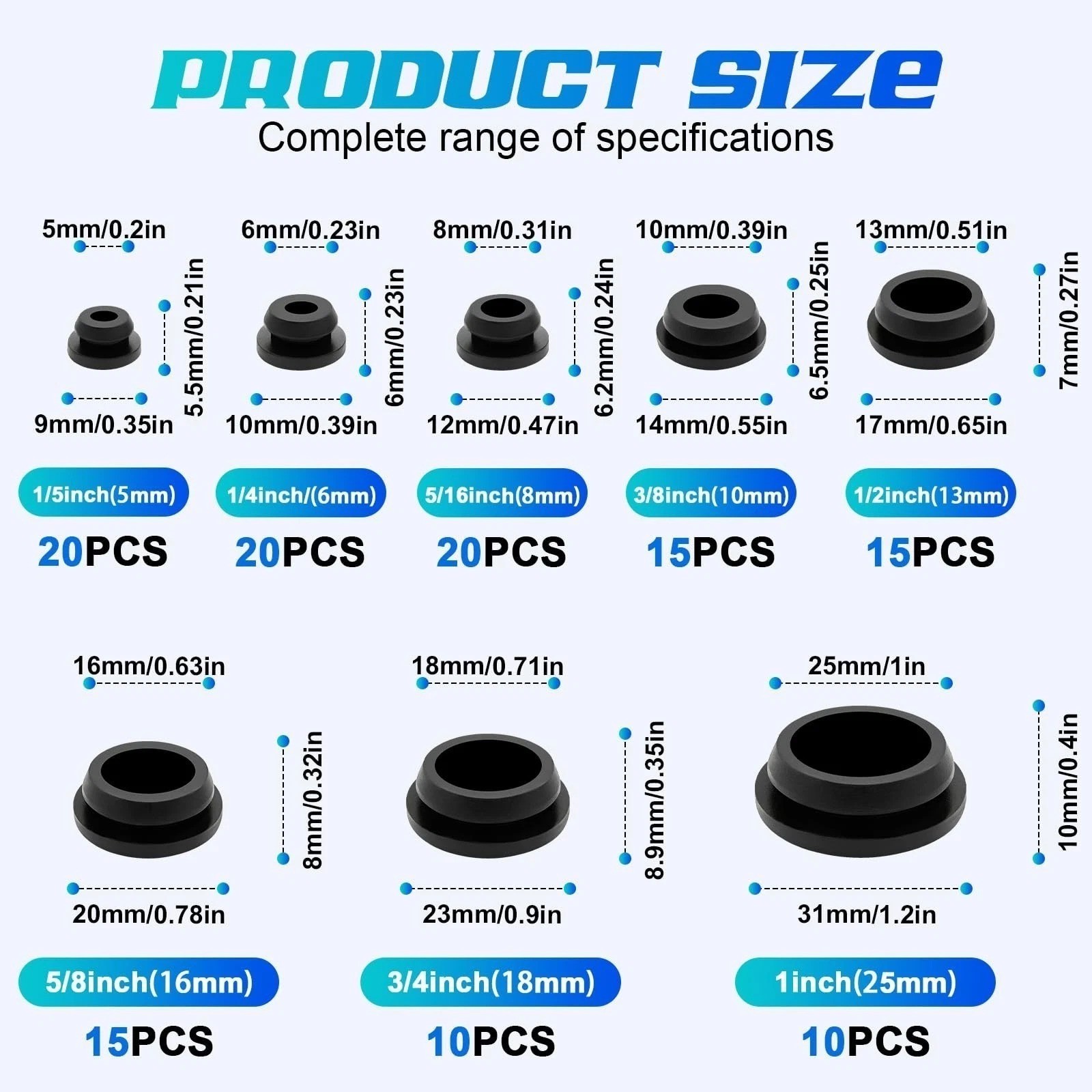 125PCS Rubber Hole Plugs Set 8 Sizes Black Silicone Round Snap Locking Grommets