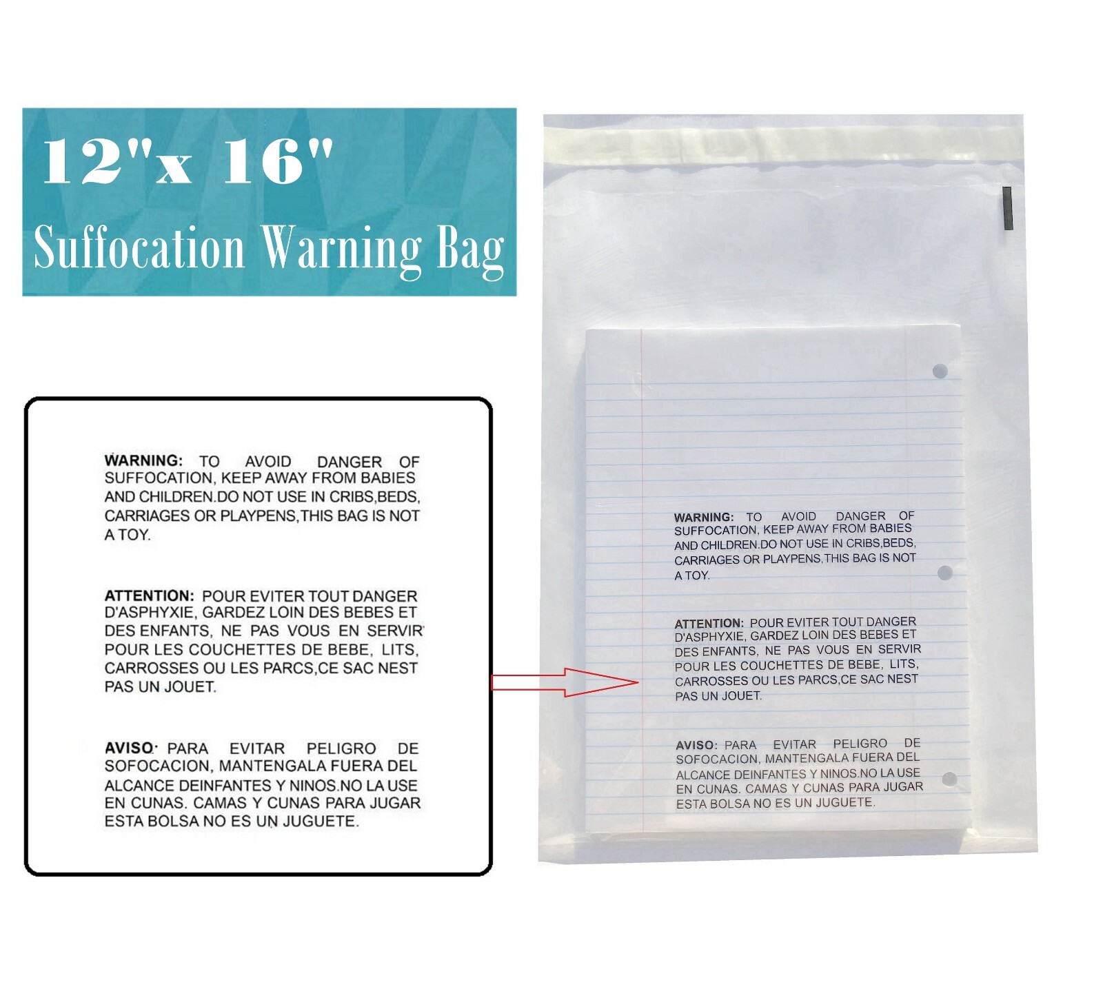 1000 12×16 Self Seal Suffocation Warning Clear Poly Bags 1.5 mil -ST ShipMailers