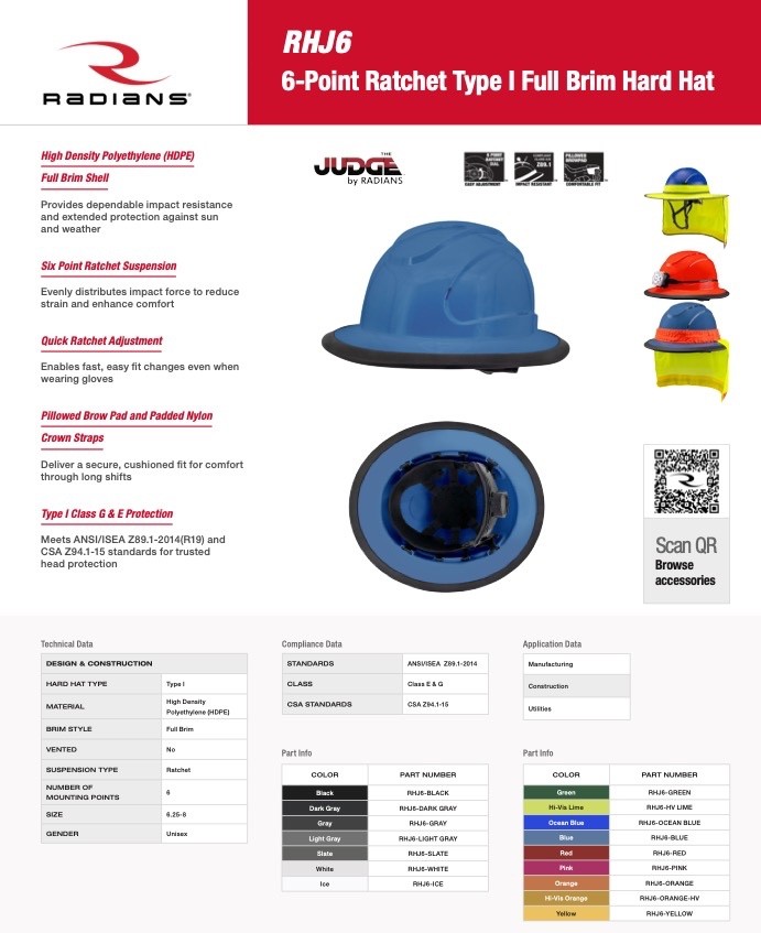 HD Blue Full Brim Hard Hat with 6 Point Suspension With Chin Strap