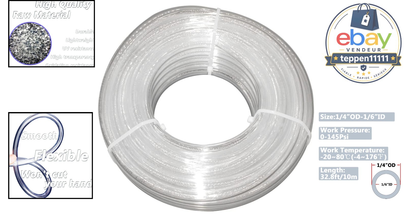 Pneumatic Tubing 1/4” OD 32.8Ft PU Air Hose Pipe Water Transfer