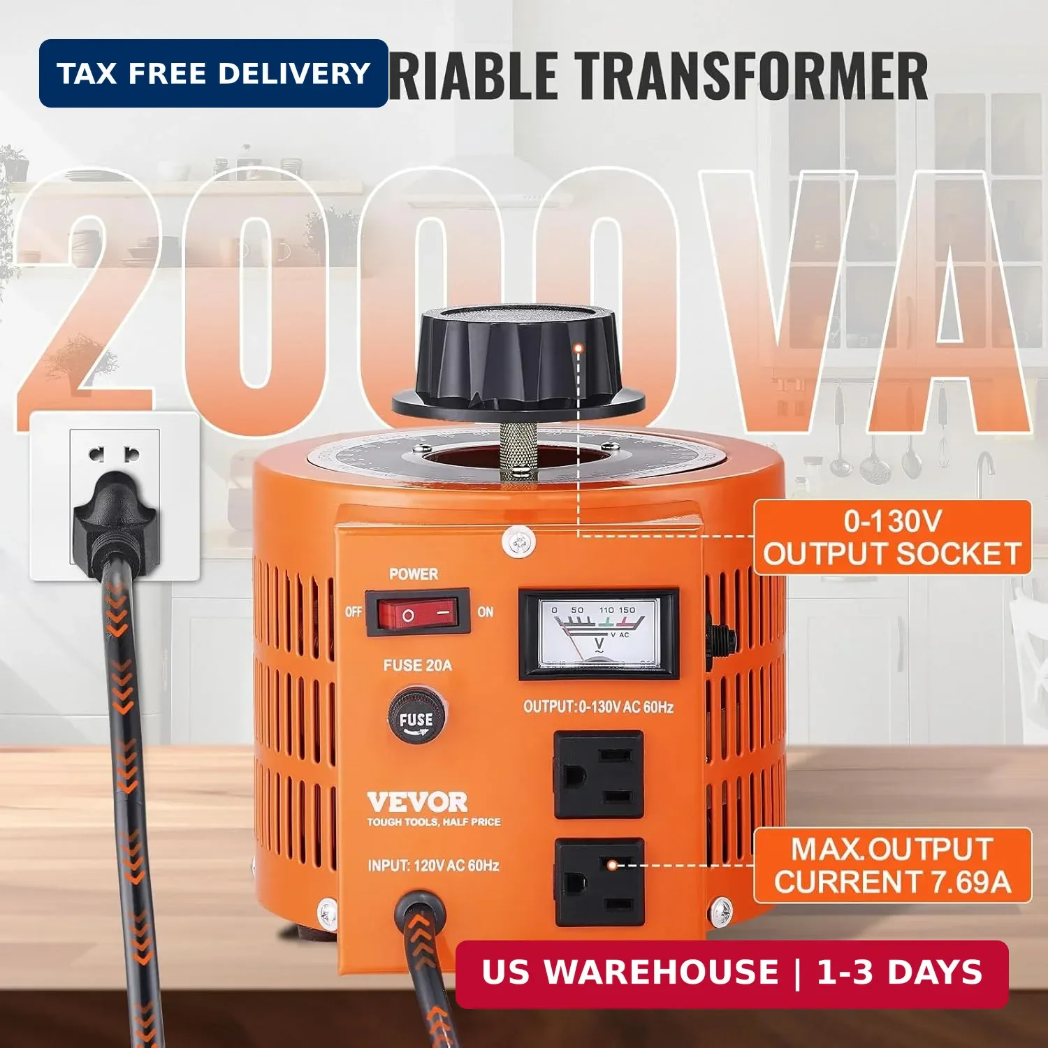 2000VA Auto Variable Voltage Transformer, 15.3 Amp, 110V Input 0-130V Outp