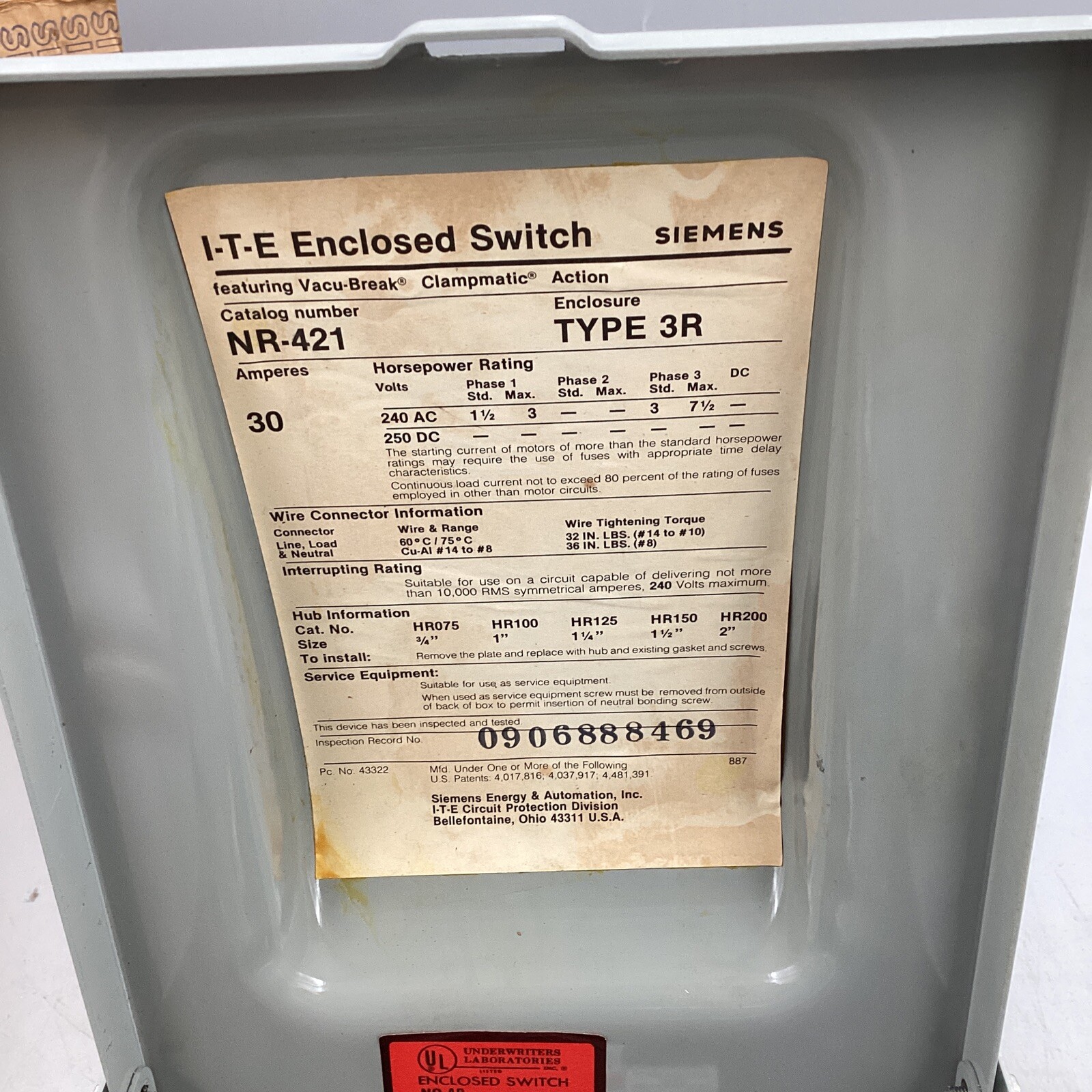 HOUSTON STOCK NEW SIEMENS NR421 DISCONNECT SWITCH 30A 240V NEMA 3R FREE SHIPPING