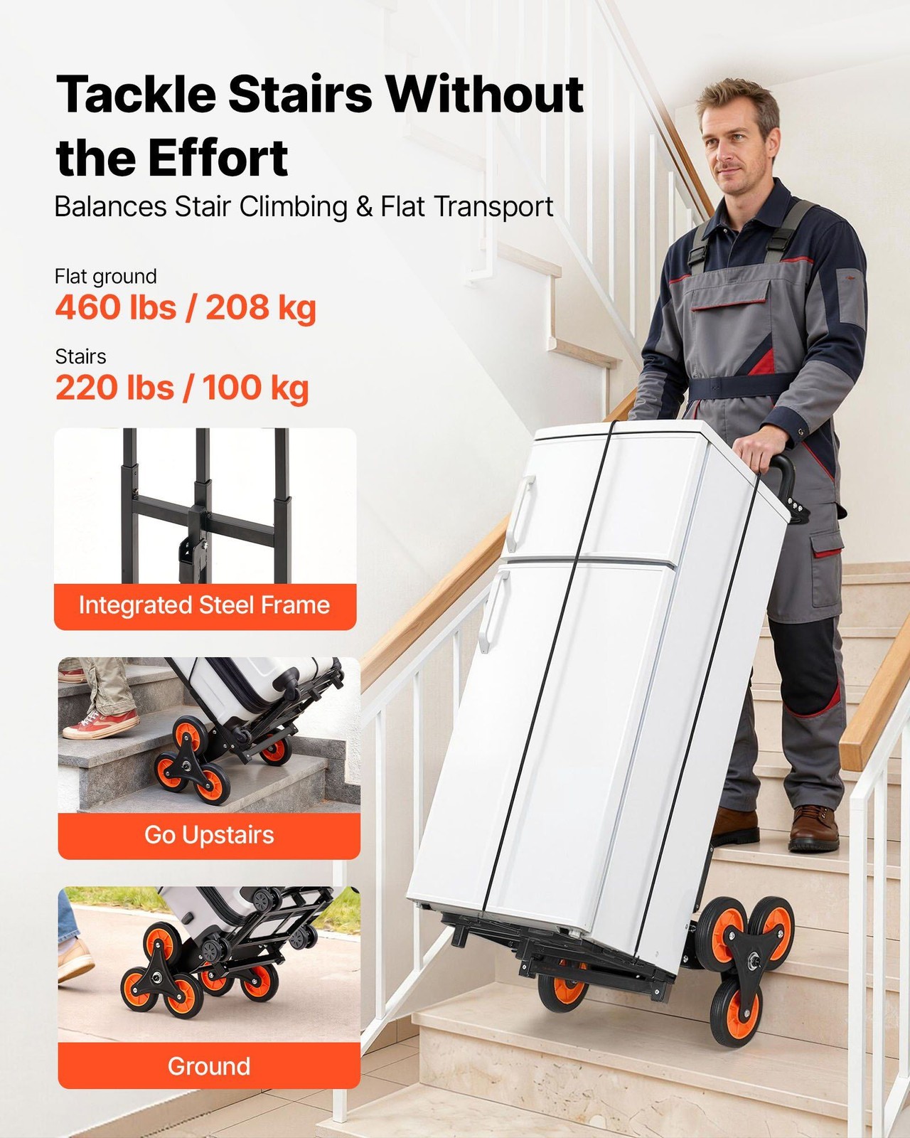 220lb Stair Climber Dolly: Carbon-Steel Frame, 6-Wheel Tri-Mode Hauling Cart