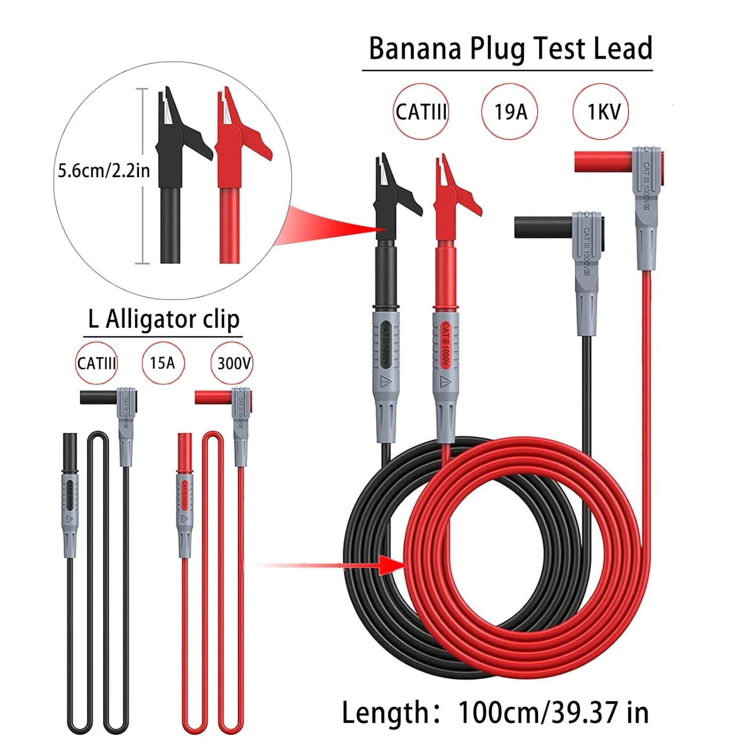 CAT III 1000V Multimeter Leads with Alligator Clips