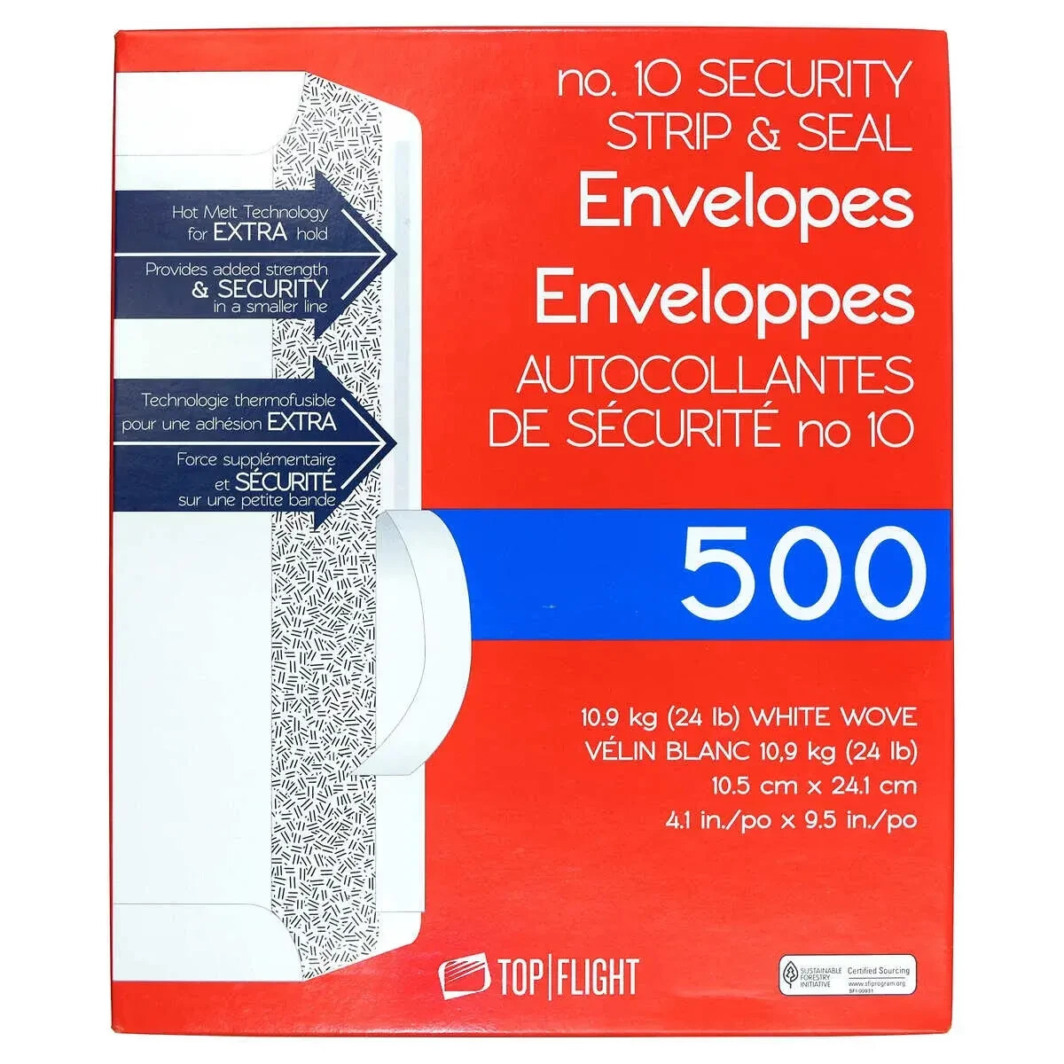 Top Flight #10 Security Strip & Seal Envelopes, 24lb, 4 1/8″x9 1/2″ 500 Count