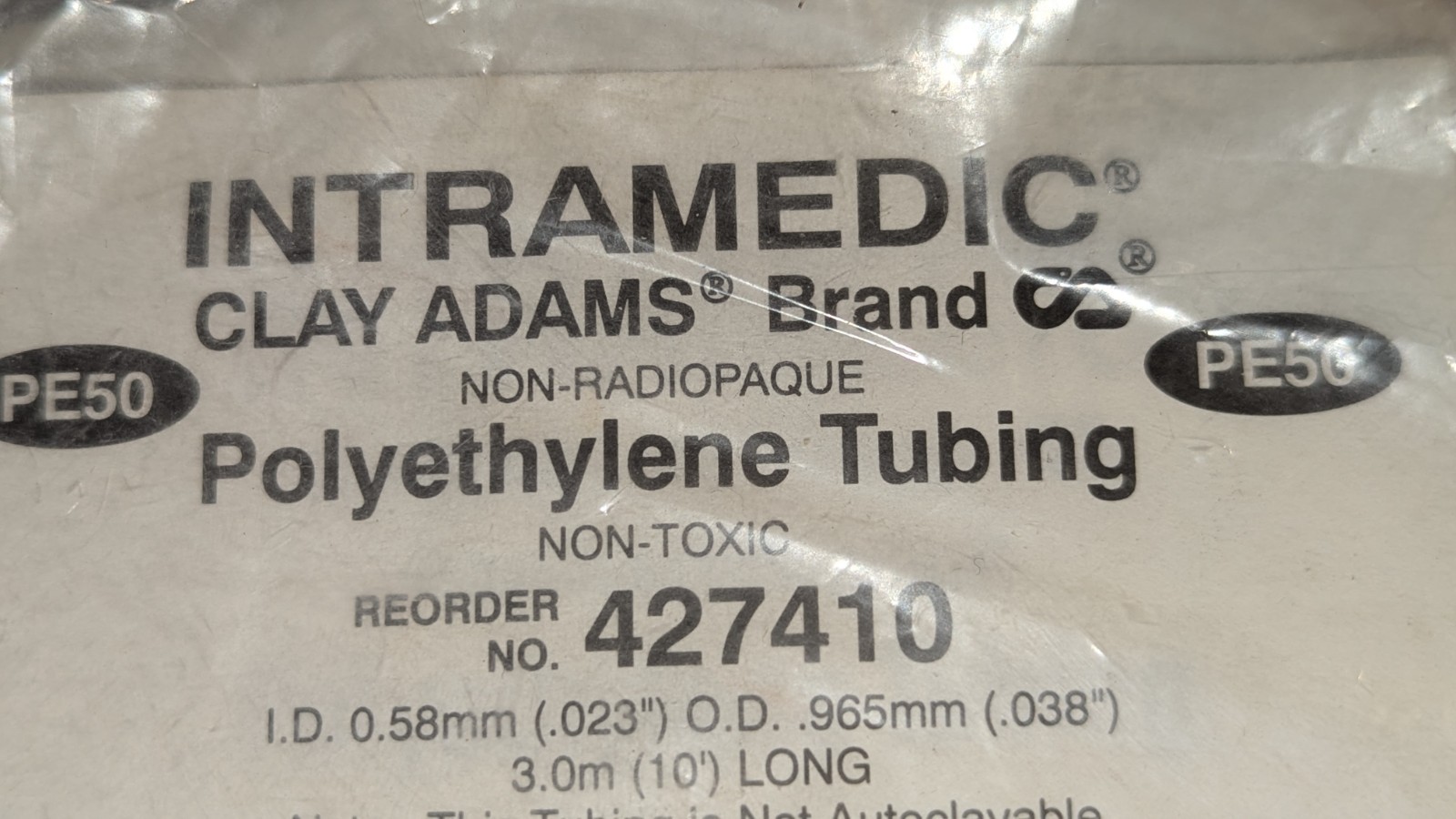 Clay Adams 427410 Non-Toxic Polyethylene Tubing 0.58mmx0.965mmx3m NOS