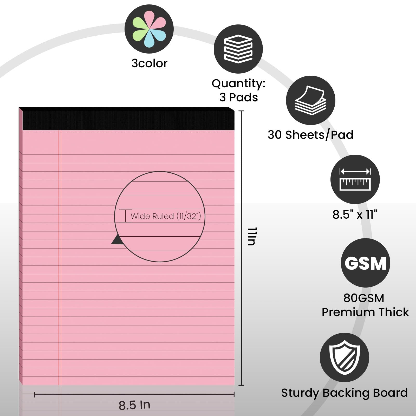 3pcs Legal Pads 8.5 x 11, Color Notepads x 11 In, Pink/Blue/Green