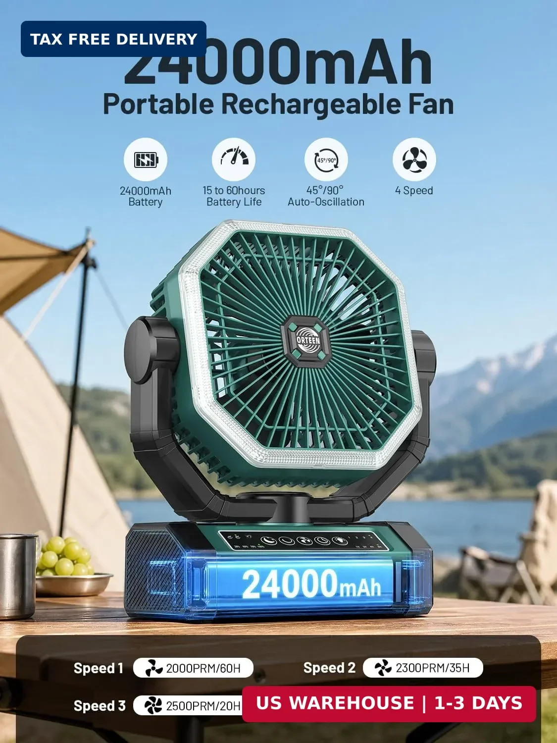 Portable Rechargeable Fan – 9-Inch Camping Fan for Tent, 24000mAh(60Hrs) Battery