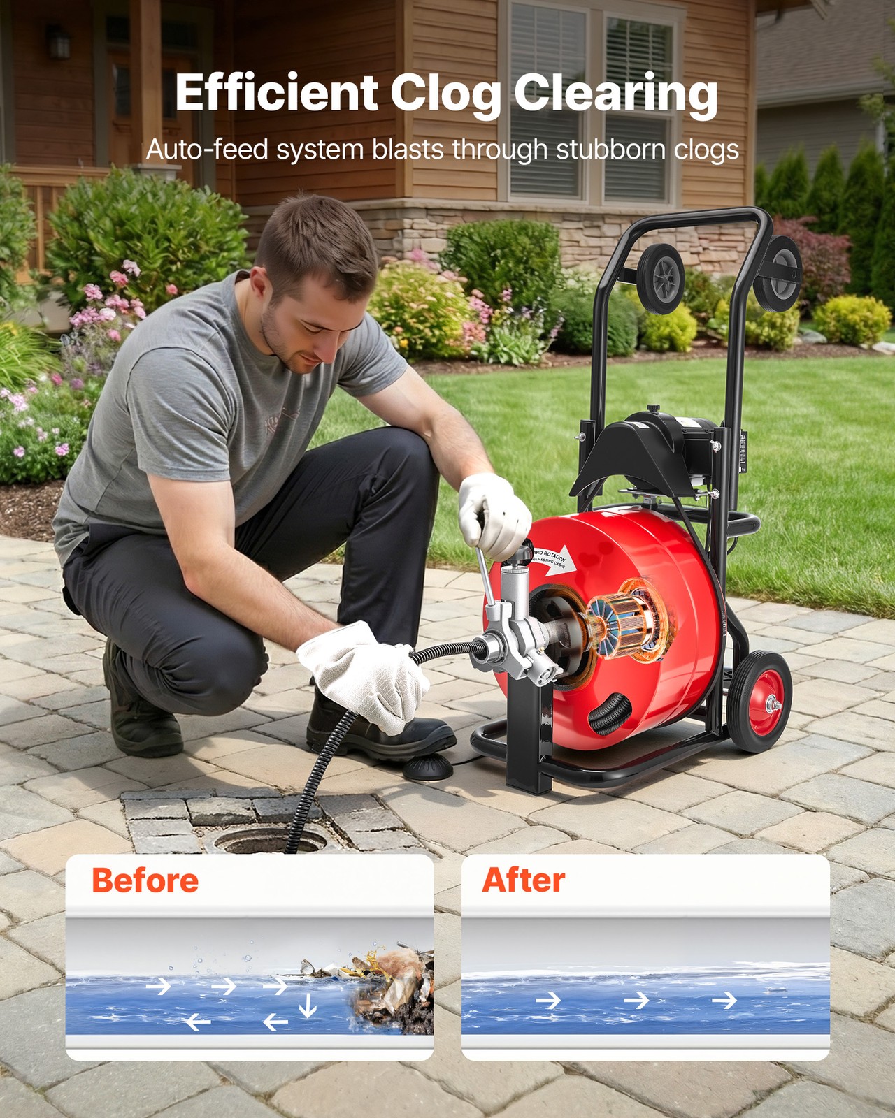 VEVOR Drain Cleaner Machine 100FT x 3/4Inch Auto Feed Sewer Auger & Multi Wheels