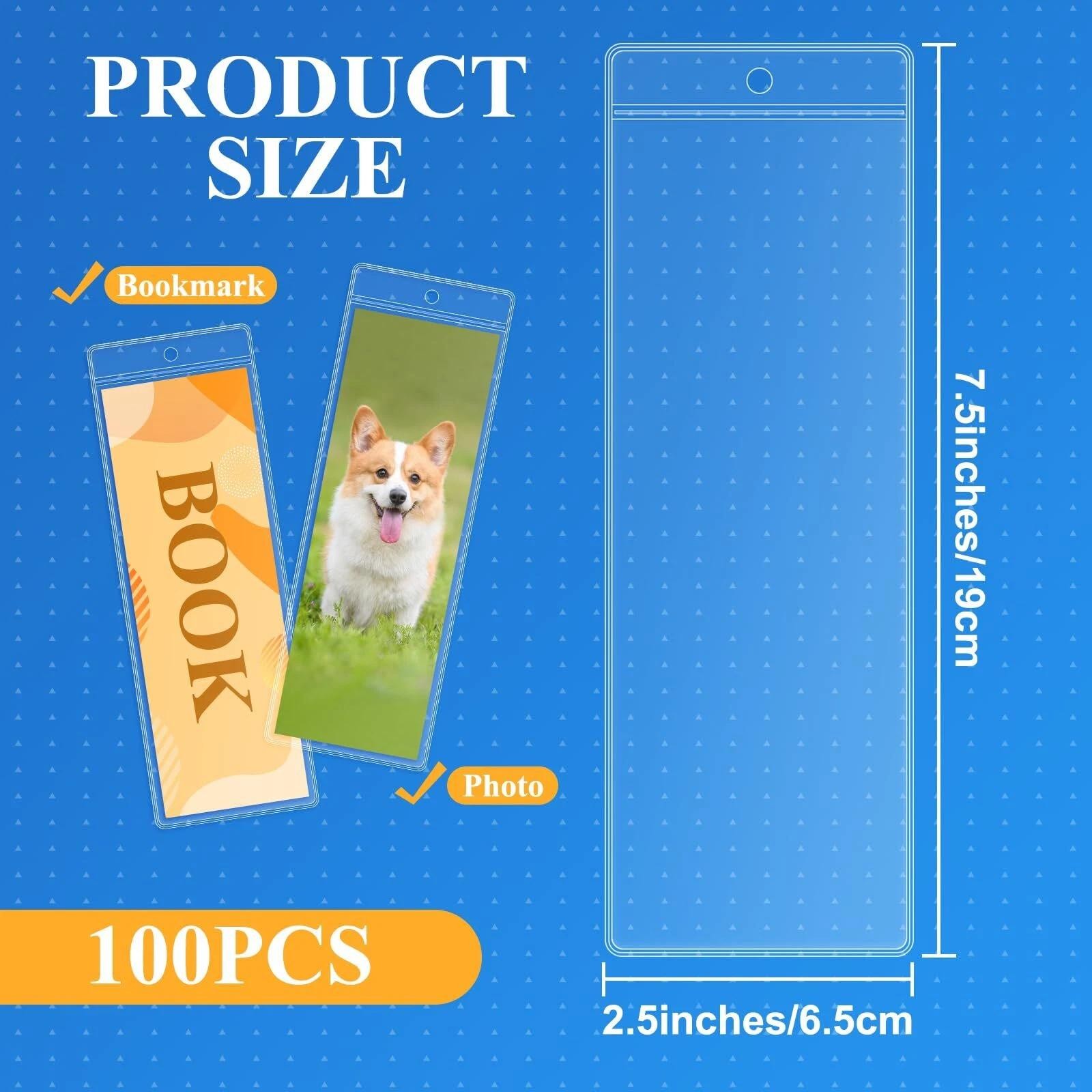 100 Pcs Clear Bookmark Sleeves Large Plastic Photo Booth Sleeve with Hole 7.5…