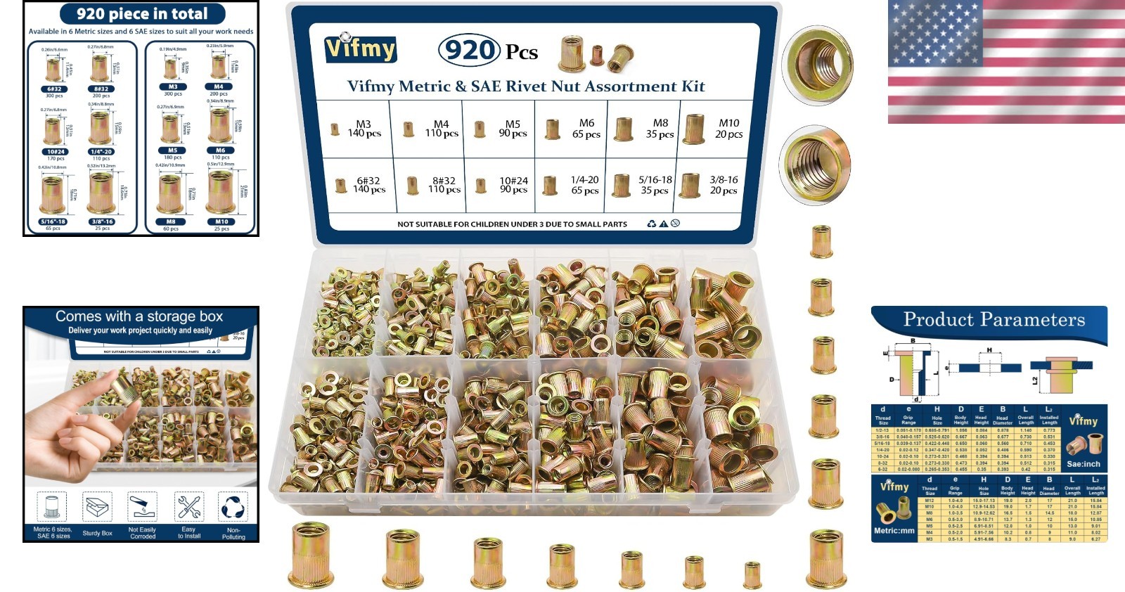 Durable Rivet Nut Assortment Kit, 920 Pcs – Zinc Plated for Extra Protection