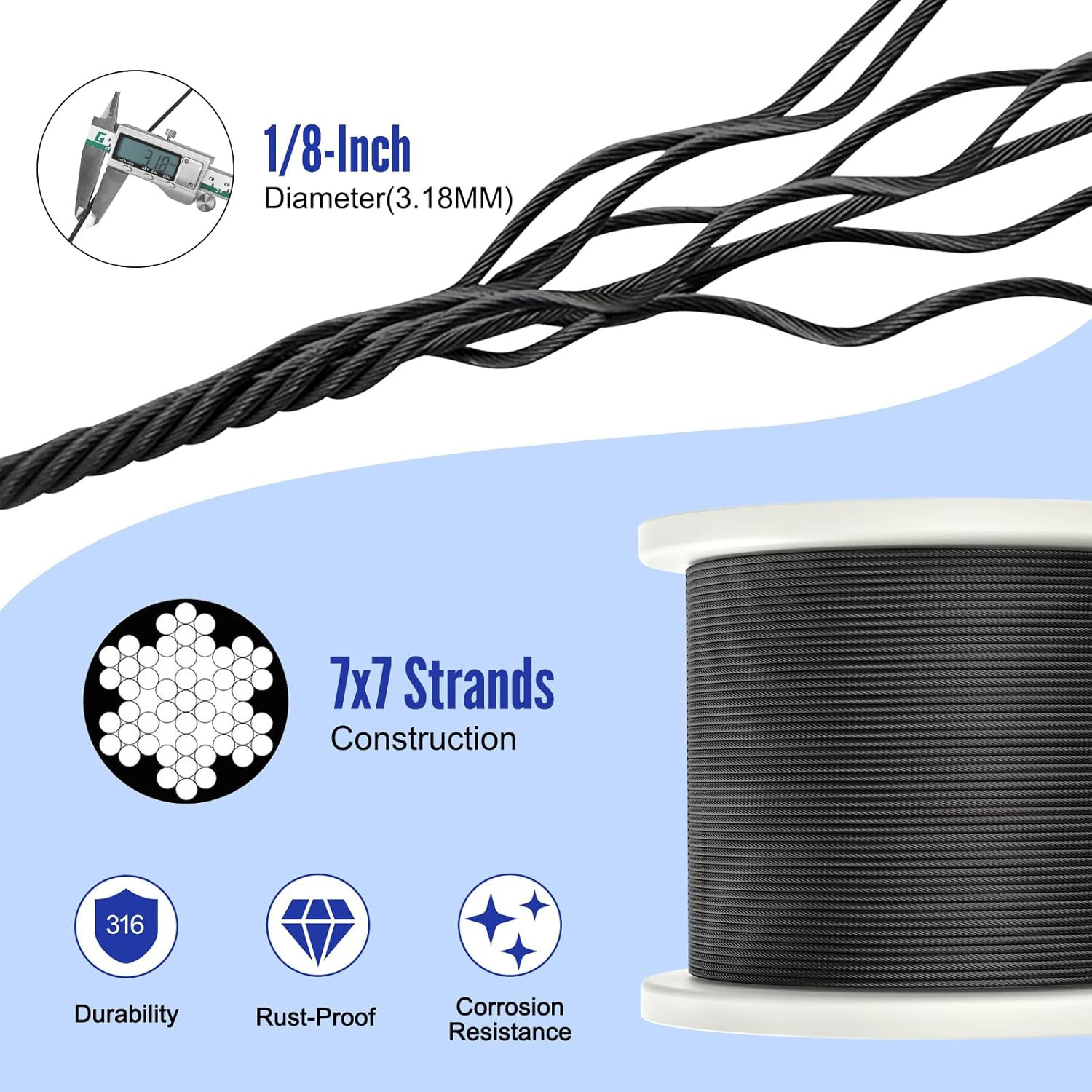 1200FT 1/8″ Black Stainless Steel Cable, T316 Marine Grade, Stainless Steel Wire