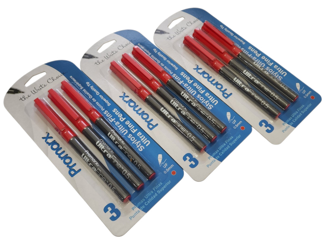 3 PACKS 9 PENS Promarx® ULTRA FINE PENS PRECISE AND VIVID LINES RED INK 0.5mm