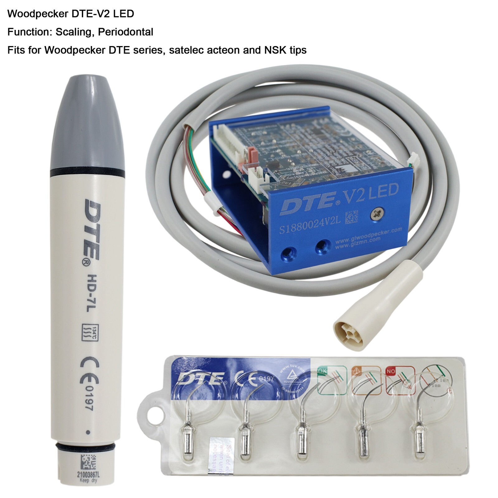 Woodpecker DTE Dental Ultrasonic Scaler Piezo Tips HW-5L HD-7L LED Handpiece PD1