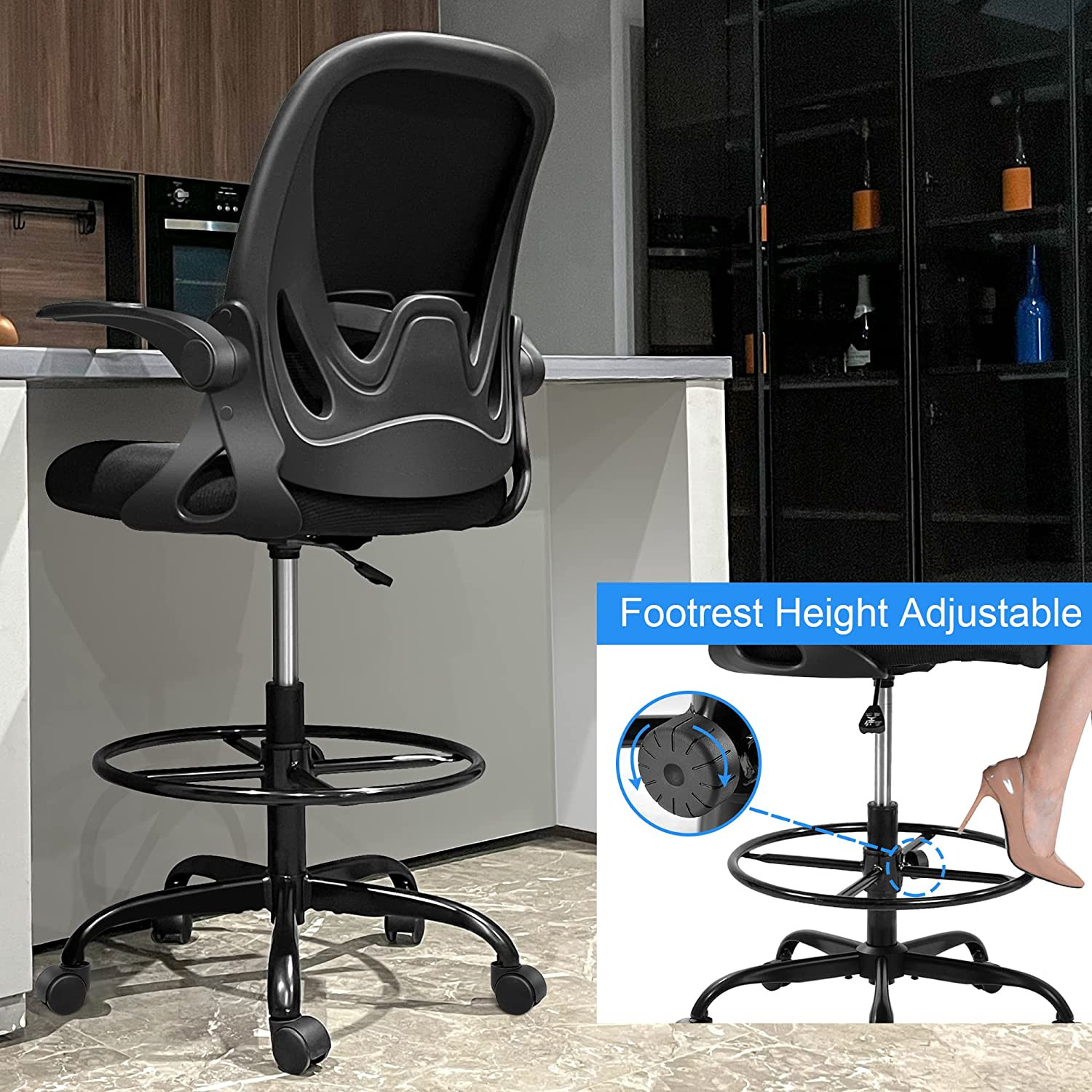Drafting Chair Tall Office Chair with Flip-Up Armrests Executive Ergonomic Compu