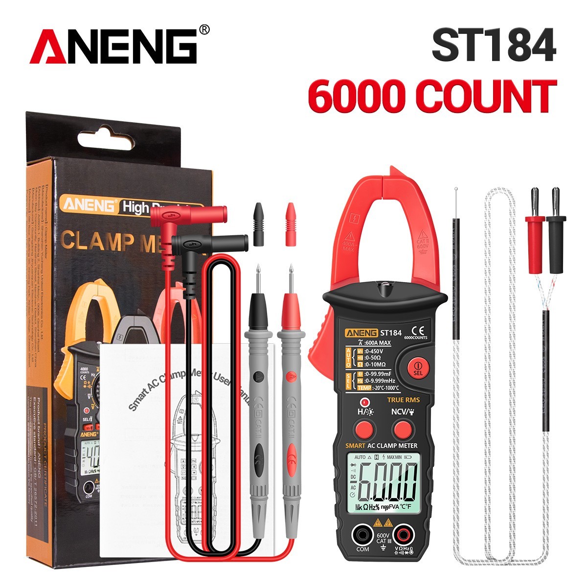 ANENG ST184 Clamp Meter True RMS 600A AC Auto Range NCV Temp Tester 6000 Counts