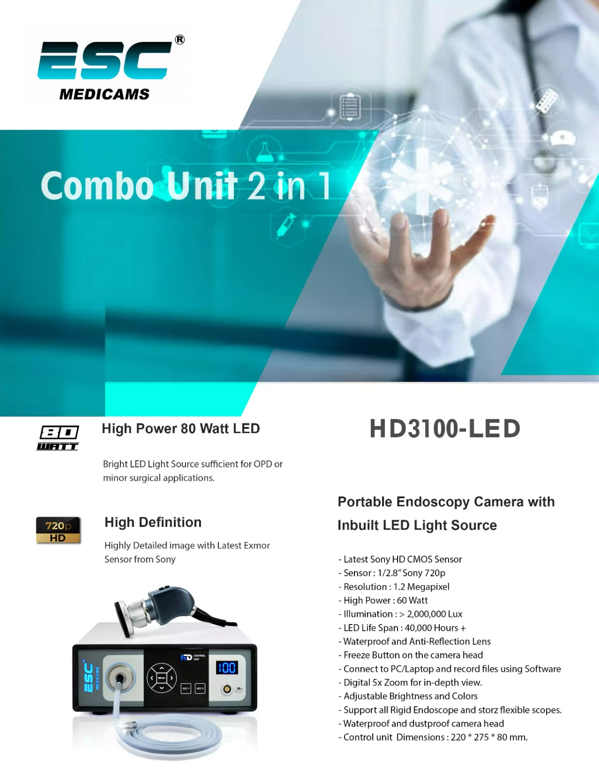 Portable Endoscopy Camera & Cold LED Light Source HD USB ENT Medical Endoscope