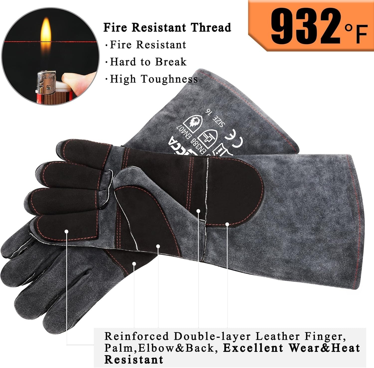 Fireproof 16″ Leather Gloves 932°F Heat Resistant for Grill, Fireplace, Welding