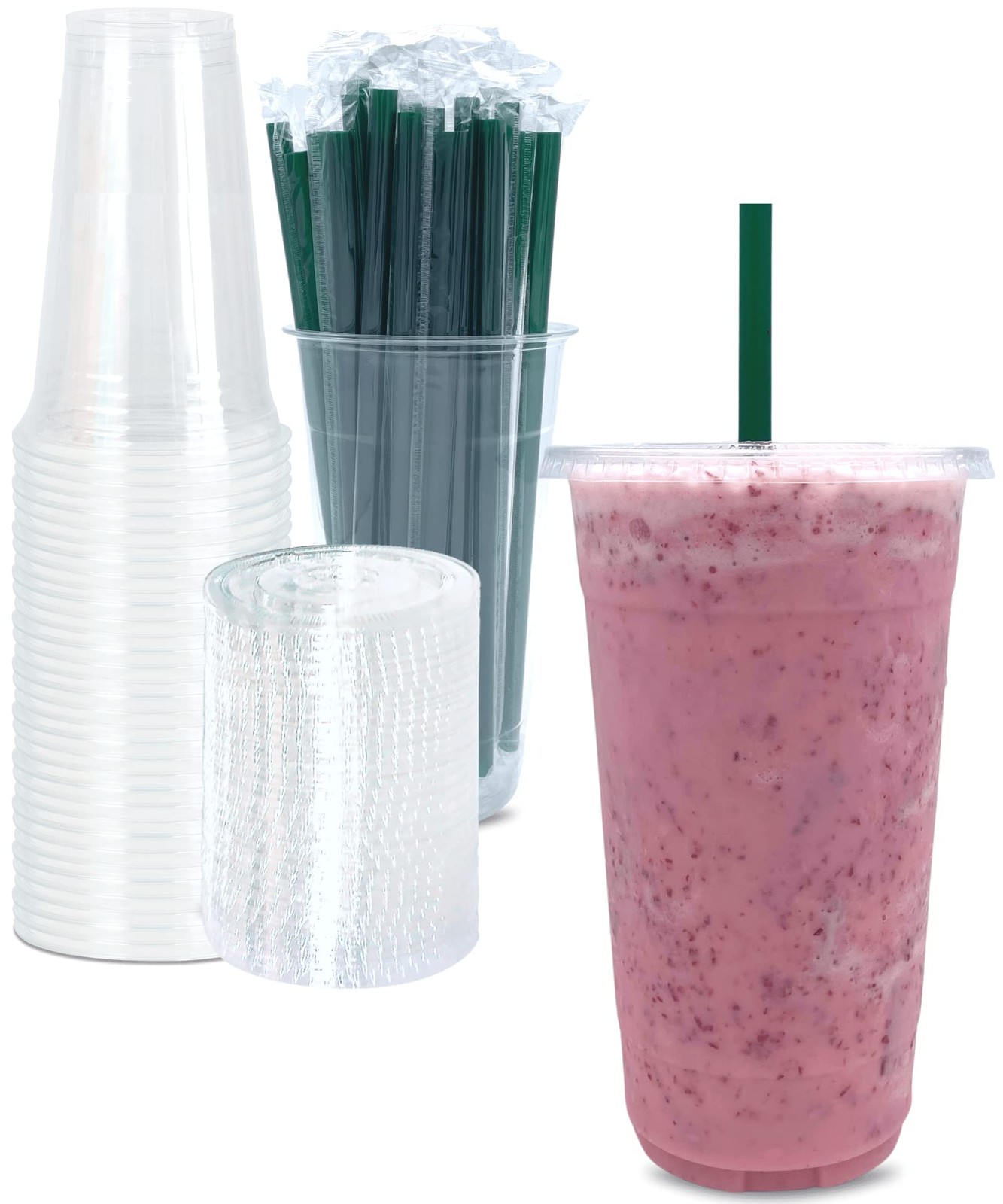 32 oz Clear Plastic Cups with Lids and STRAWS, 50 Piece Set, Transparent