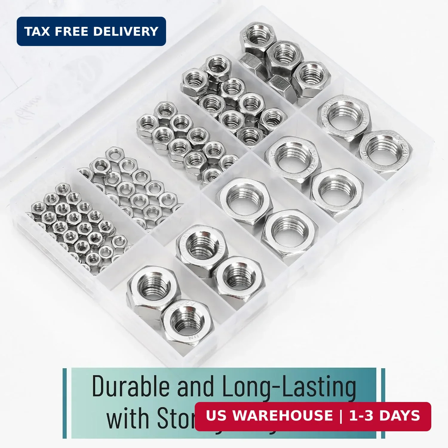Bates- Metric Hex Nuts Assortment Kit, 7 Sizes, 130 pcs, Stainless Steel, M3 M4