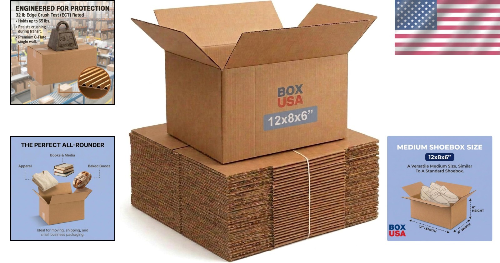 Durable 12″L x 8″W x 6″H Corrugated Boxes – 65 lbs Support, Eco-Friendly 25-Pack