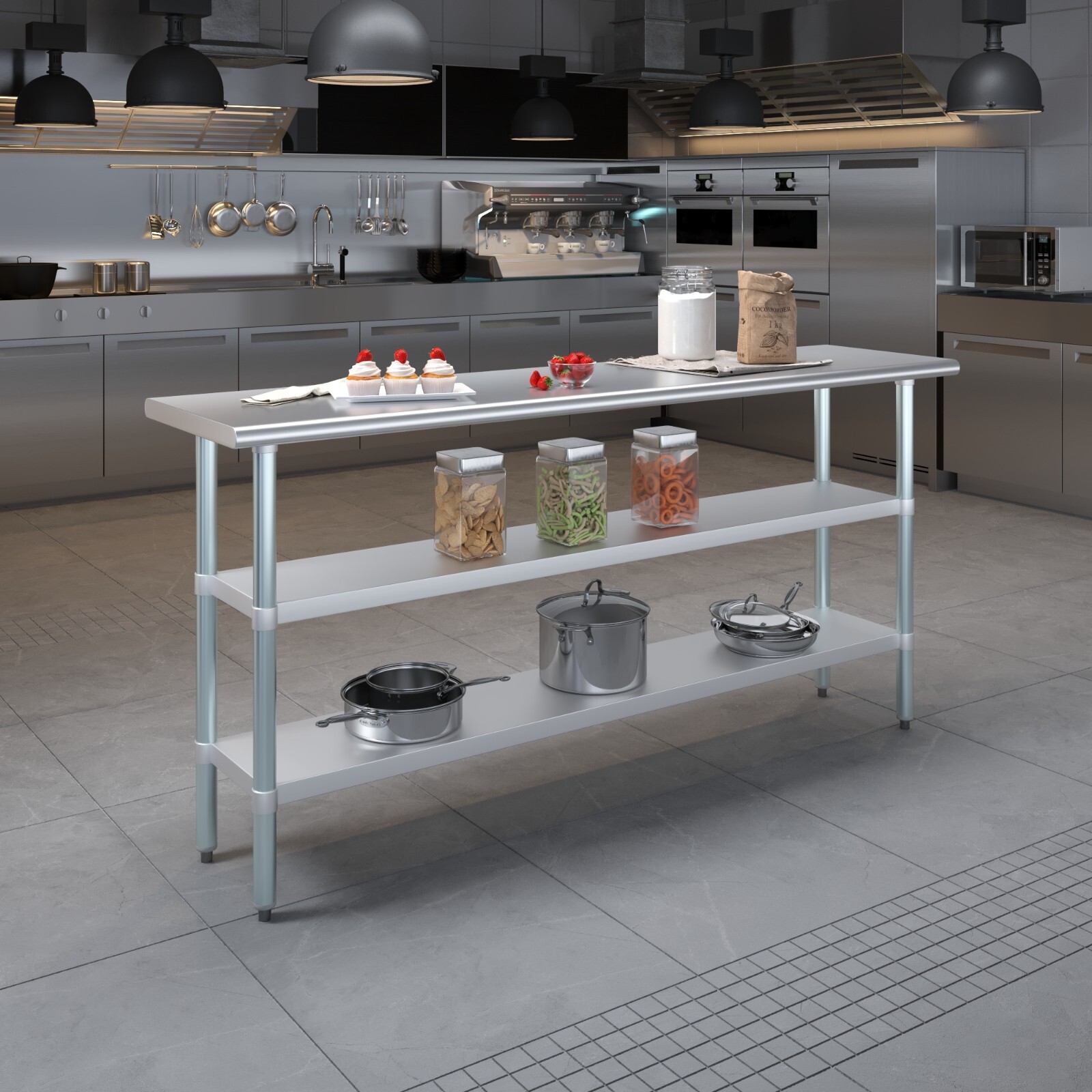 18 in. x 72 in. Stainless Steel Work Table with 2 Shelves | Metal Utility Table