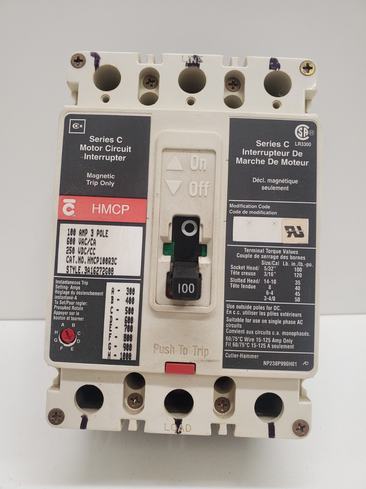 GUARANTEED! CUTLER-HAMMER 100A 3-POLE CIRCUIT BREAKER HMCP100R3C