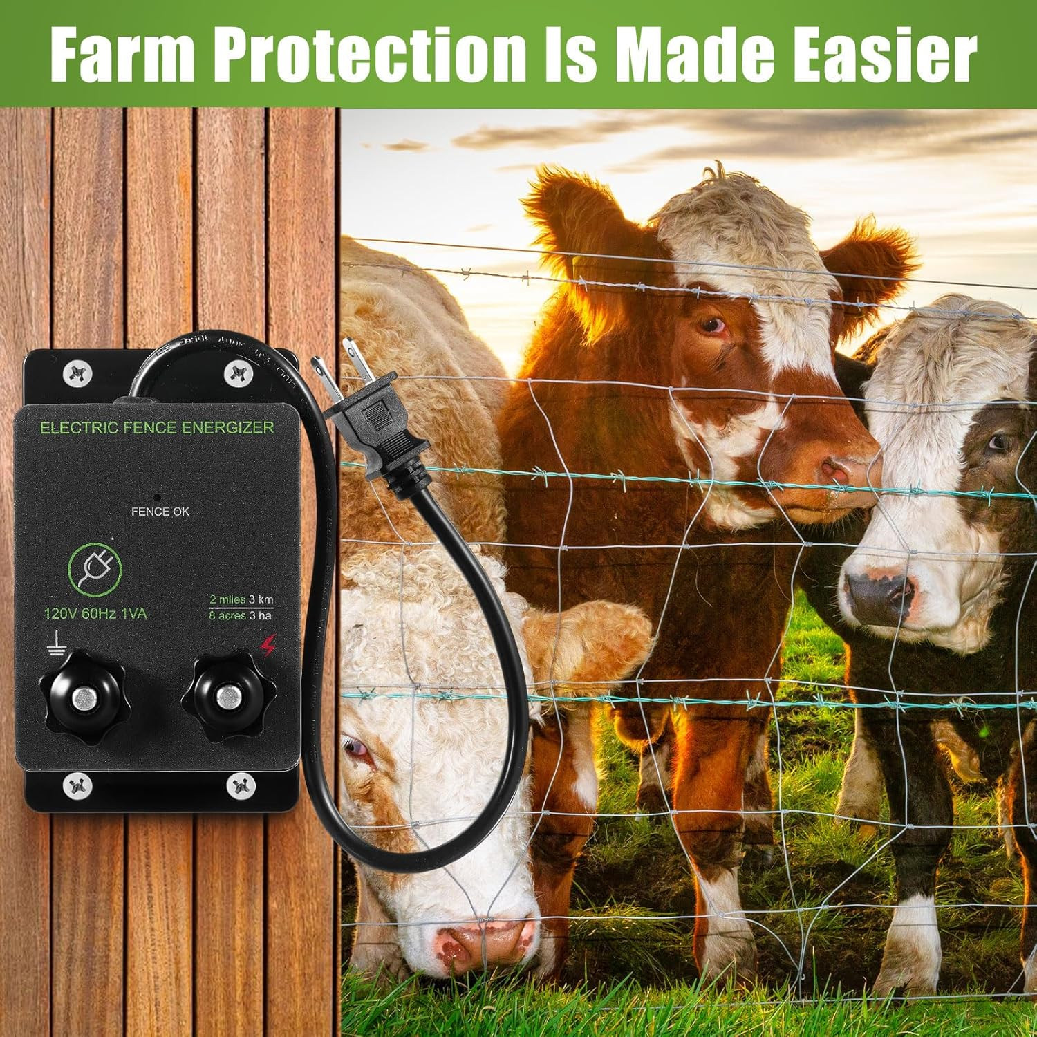 2-Mile 5000V 0.1Joule Electric Fence for Preventing Animals Intruding, 50 Black