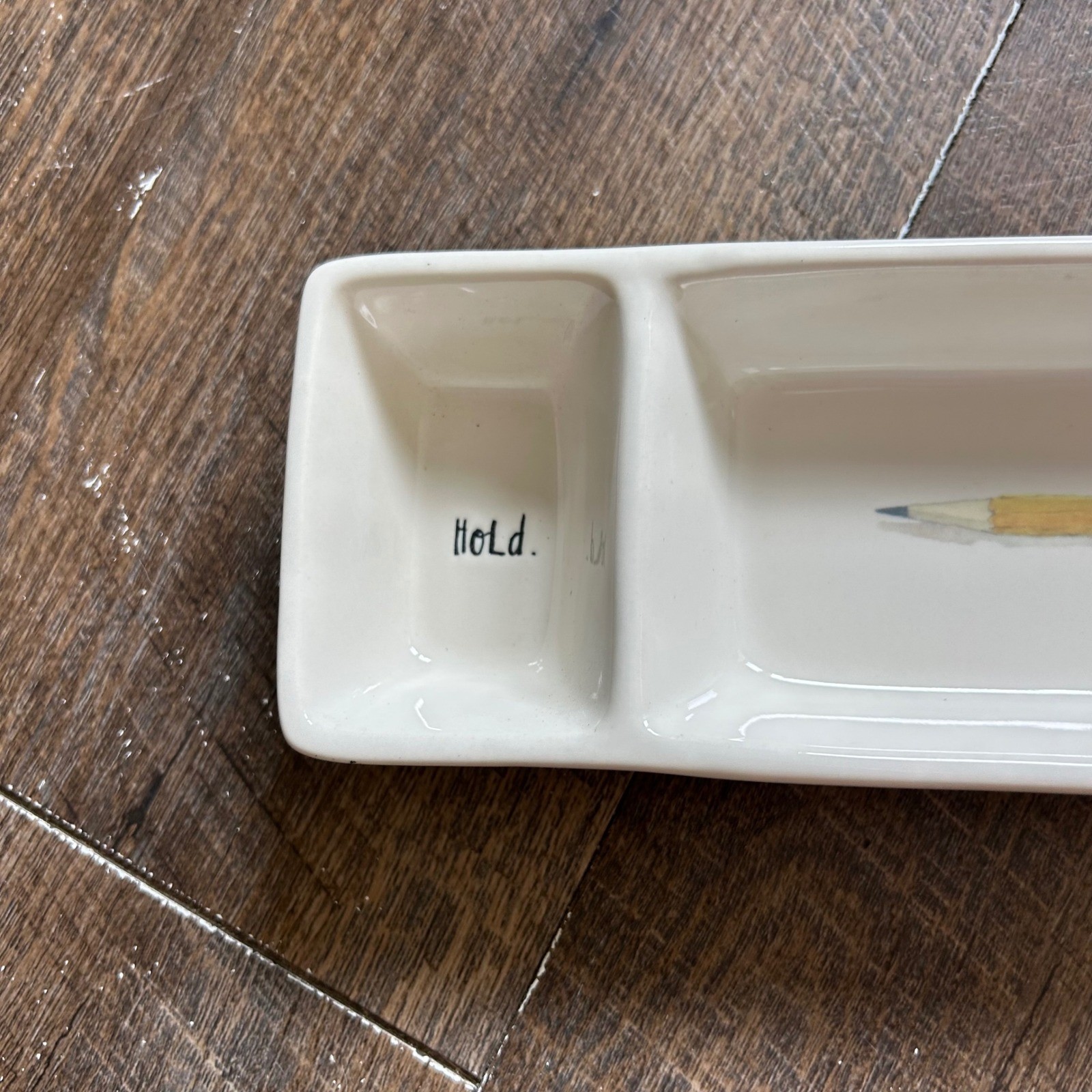 Rae Dunn Artisan Collection Pencil Hold 2 Compartment Ceramic Desk Tray Cream