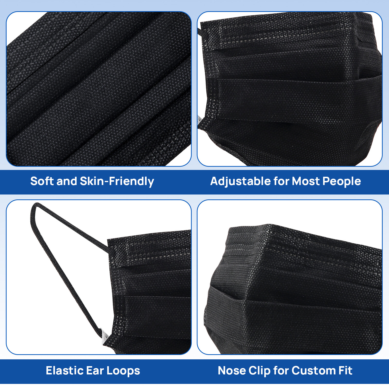 4-Ply Black Face Mask Medical Surgical Disposable 50pcs Earloop Mouth Cover